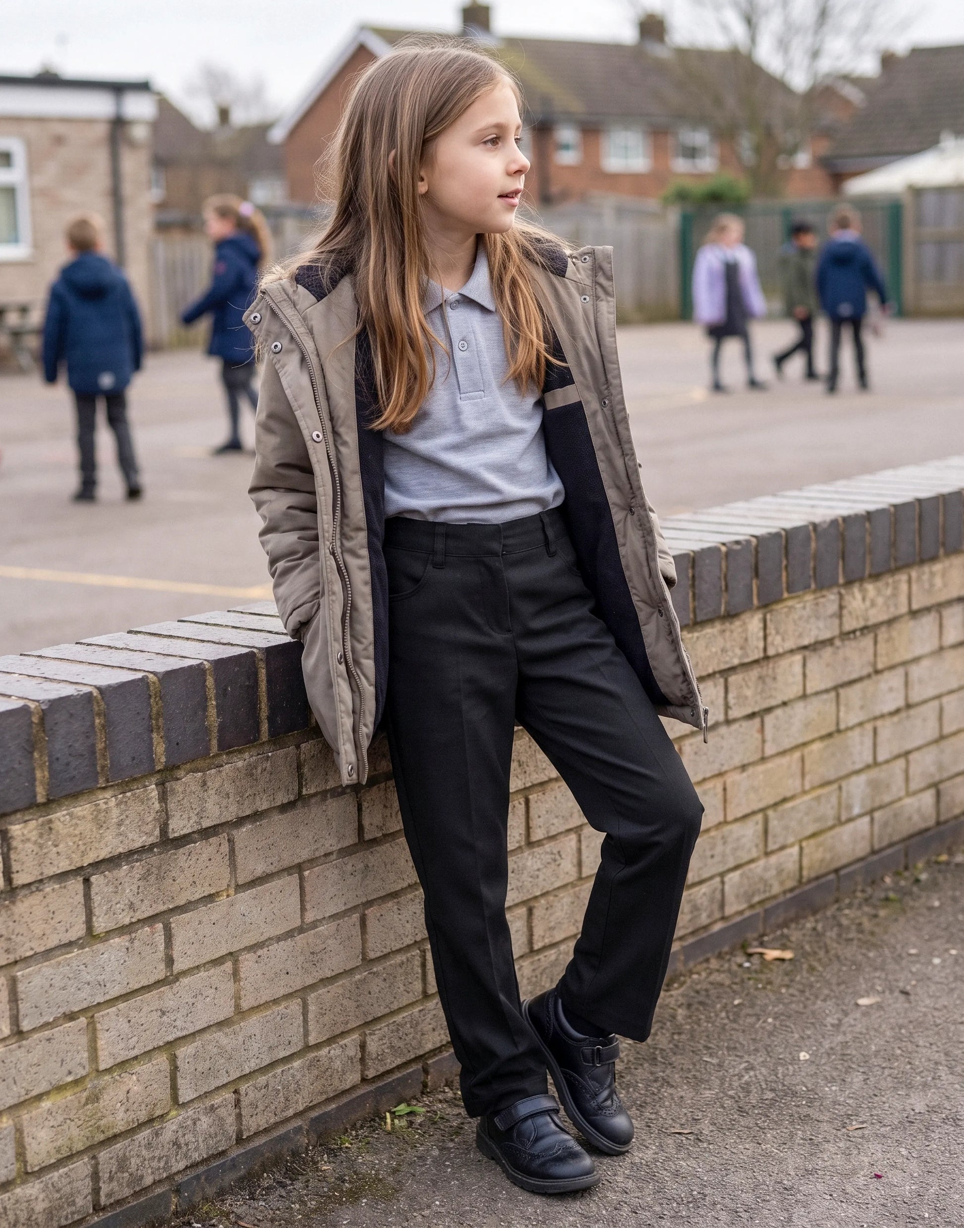 Girl wearing black school trousers made from 100% GOTS-certified organic cotton, side view.
