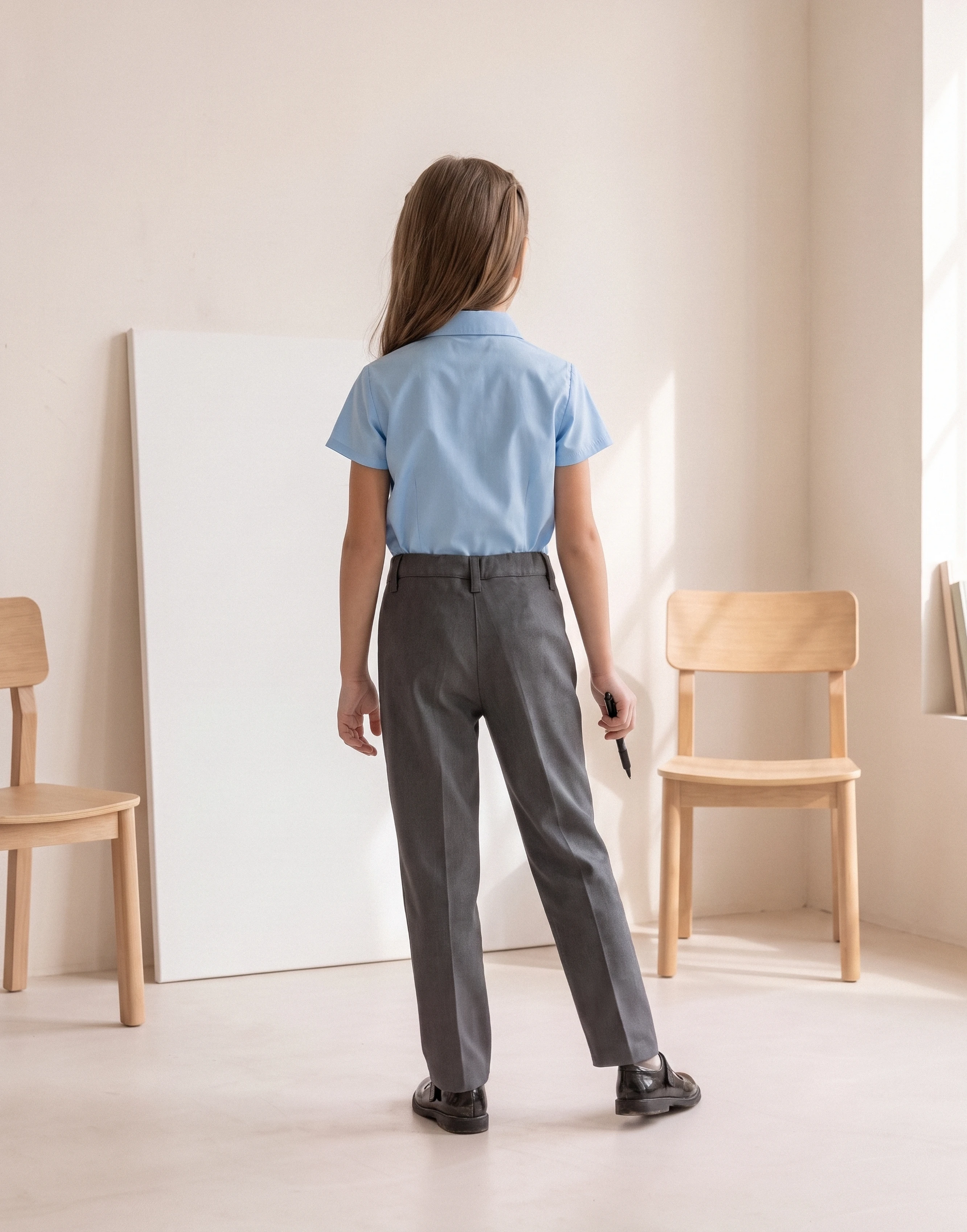 Girl wearing grey school trousers made from 100% GOTS-certified organic cotton, back view.
