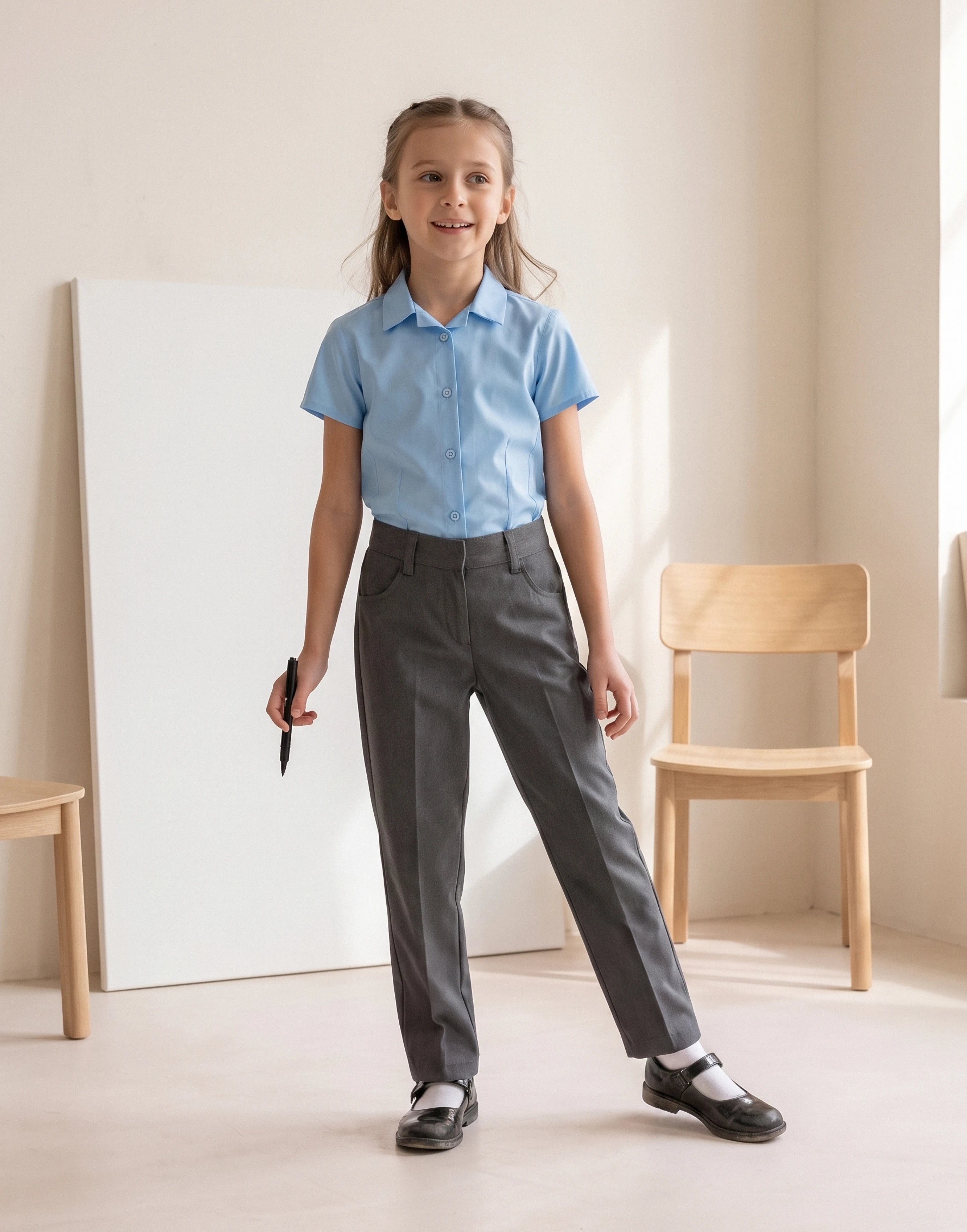 Girl wearing grey school trousers made from 100% GOTS-certified organic cotton, front view.