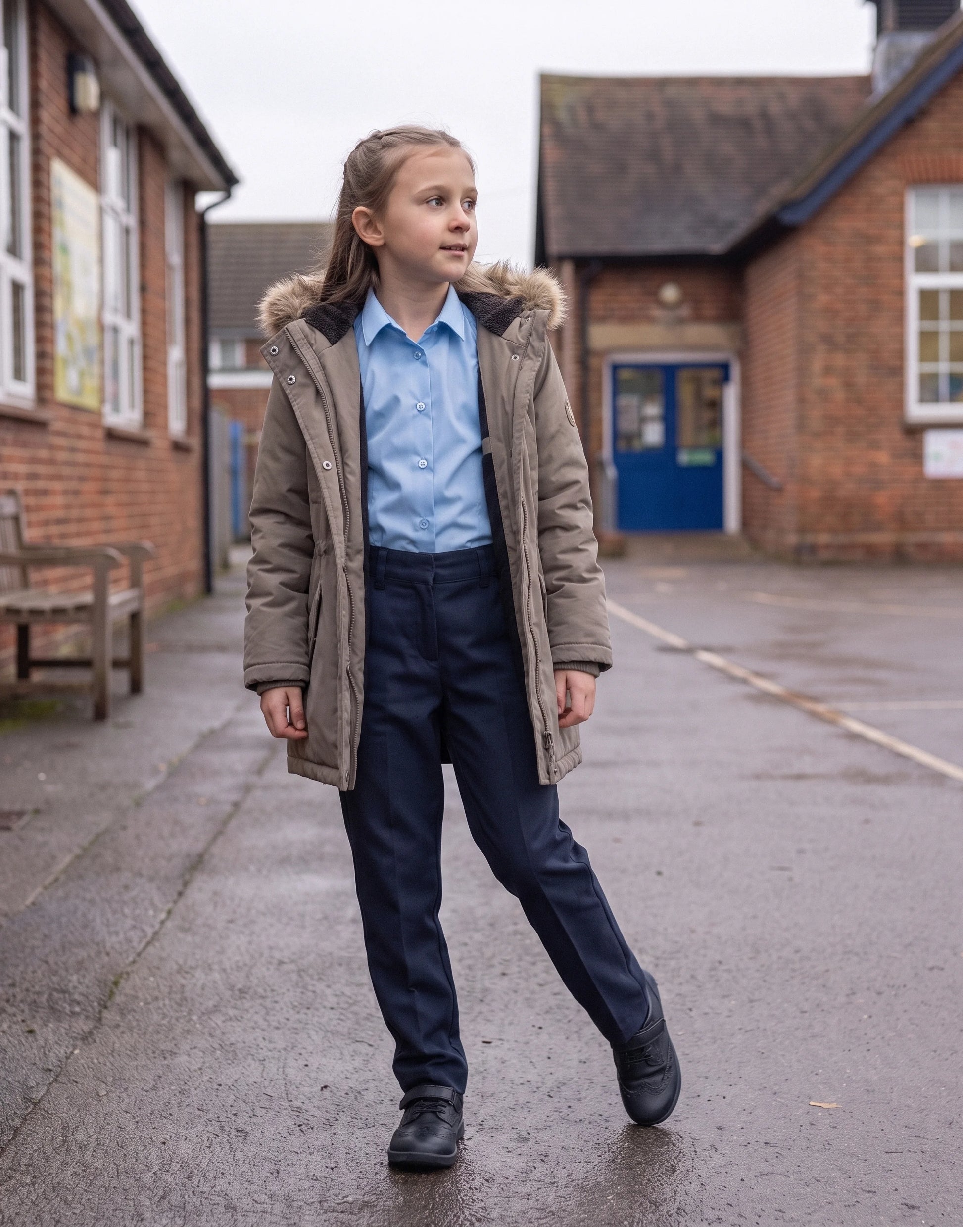 Girl wearing navy school trousers made from 100% GOTS-certified organic cotton, front view.