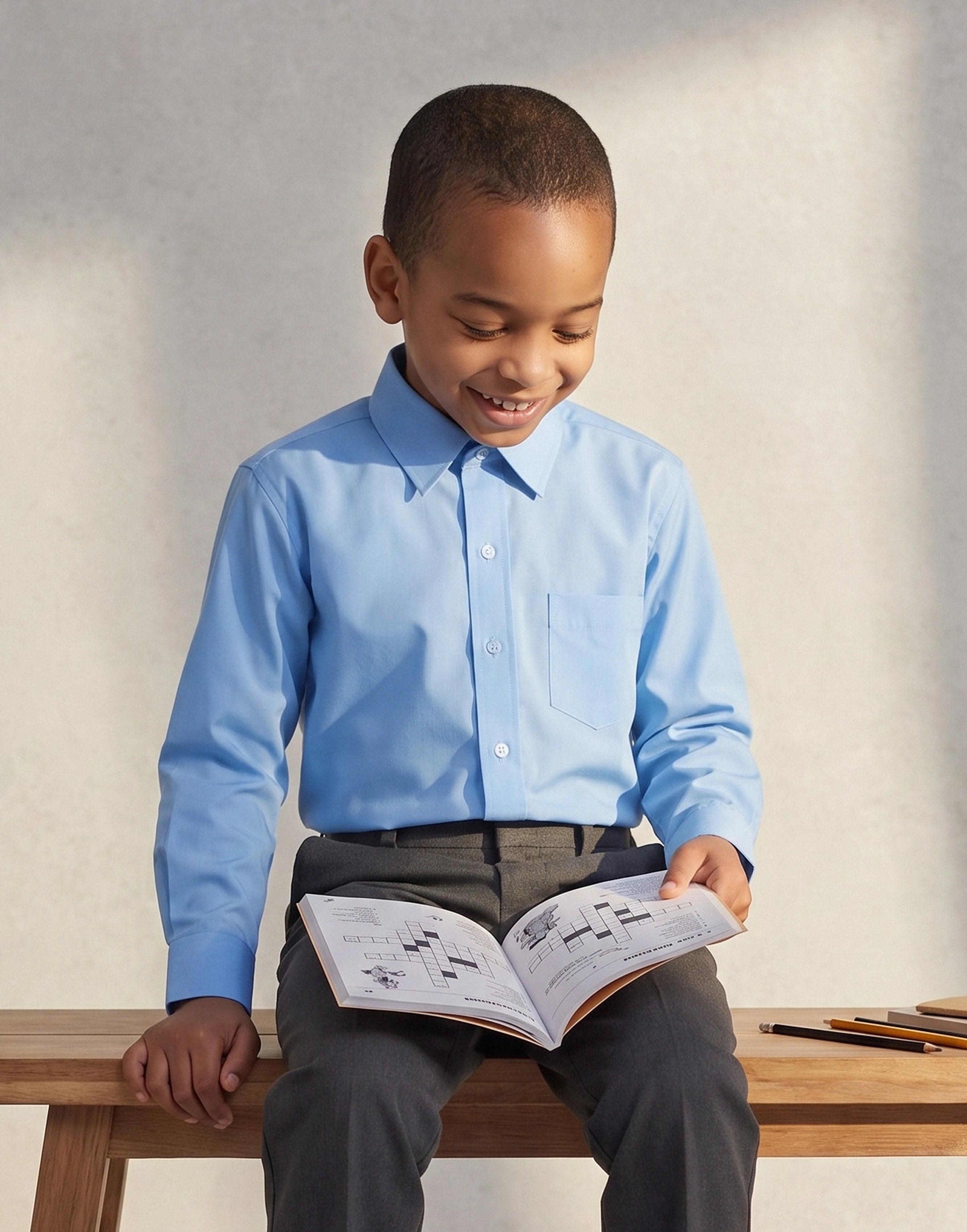 boy wearing a blue long sleeve organic cotton school shirt front view