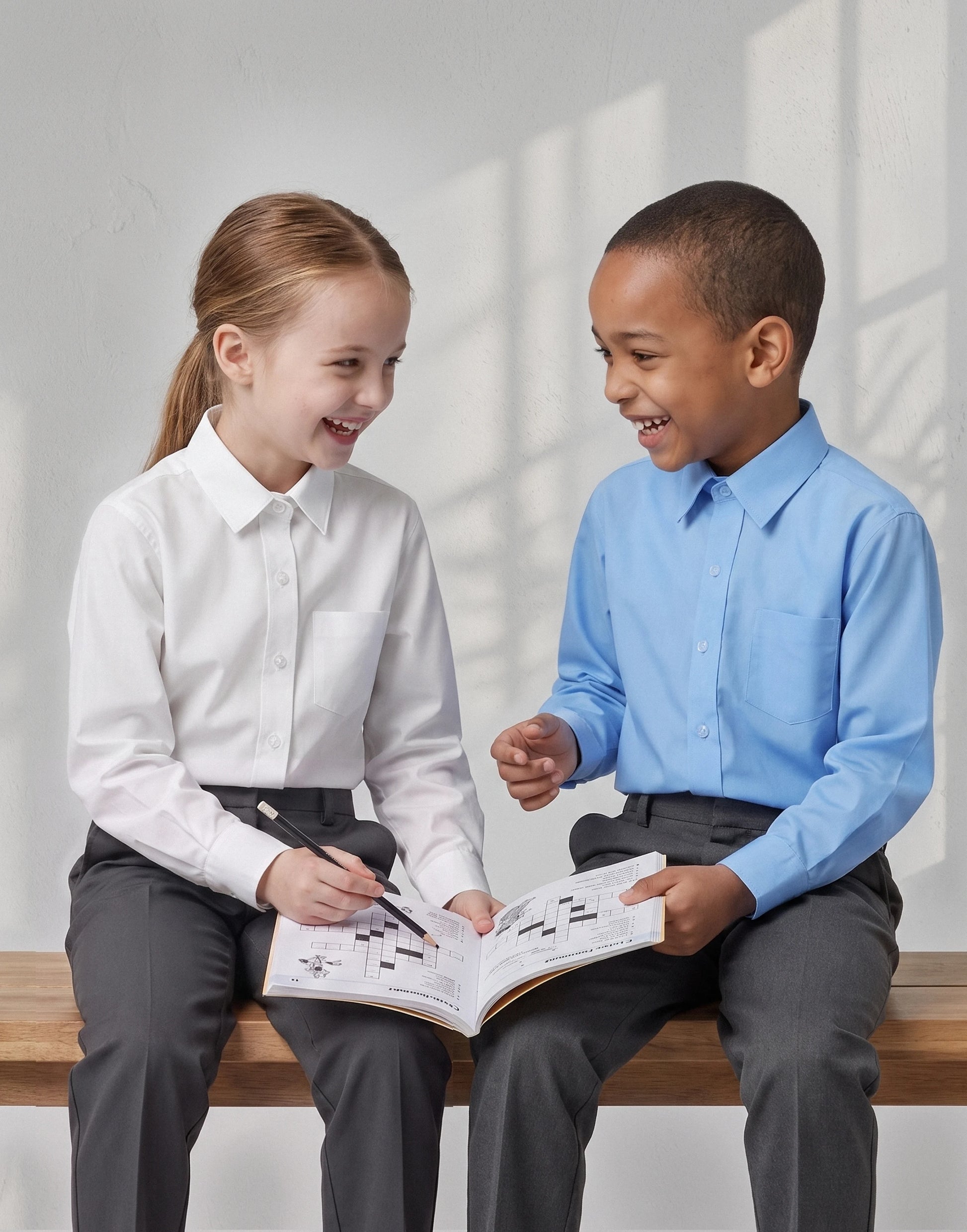 Children wearing a white and blue long sleeve organic cotton school shirt front view