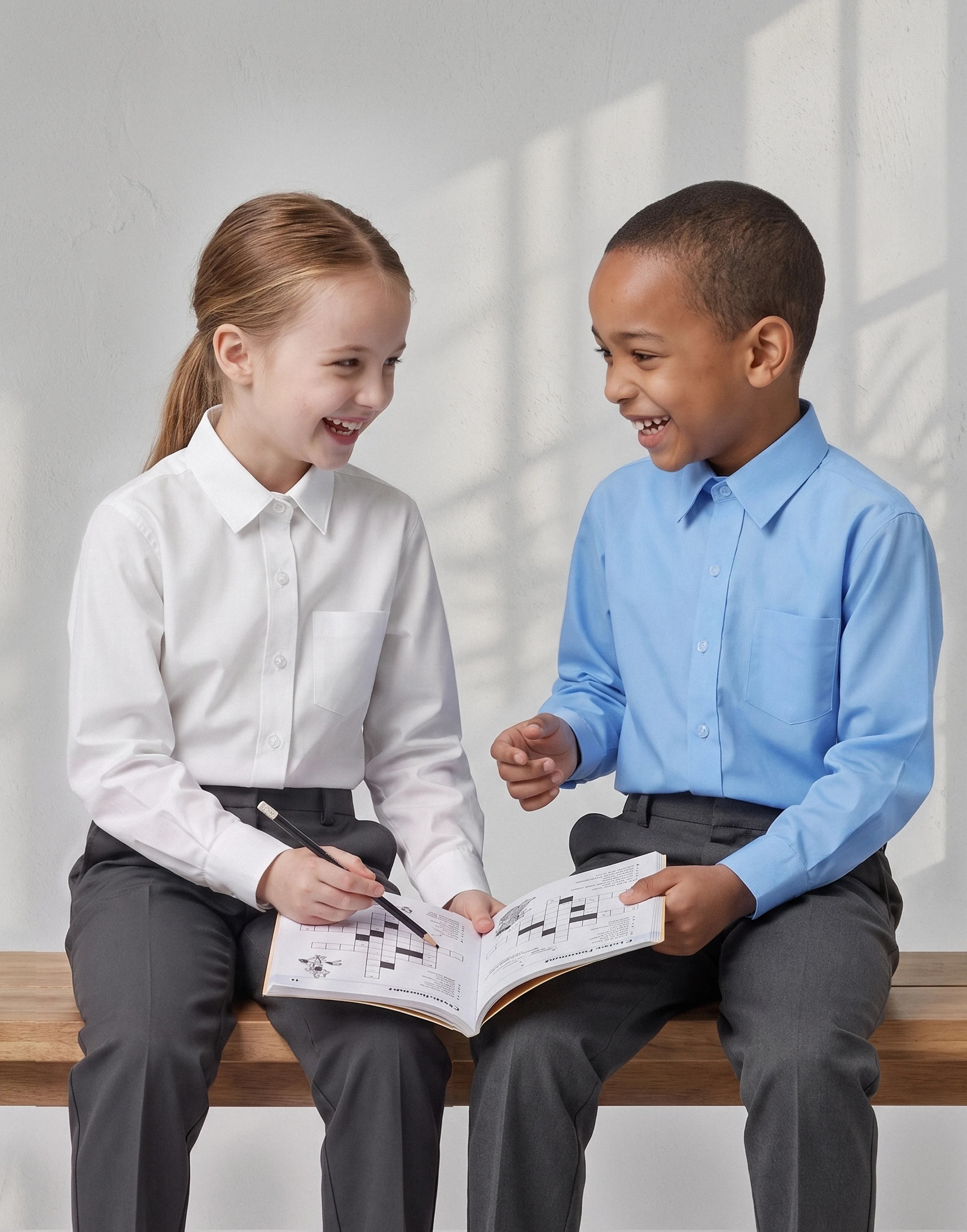 Children wearing a white and blue long sleeve organic cotton school shirt front view