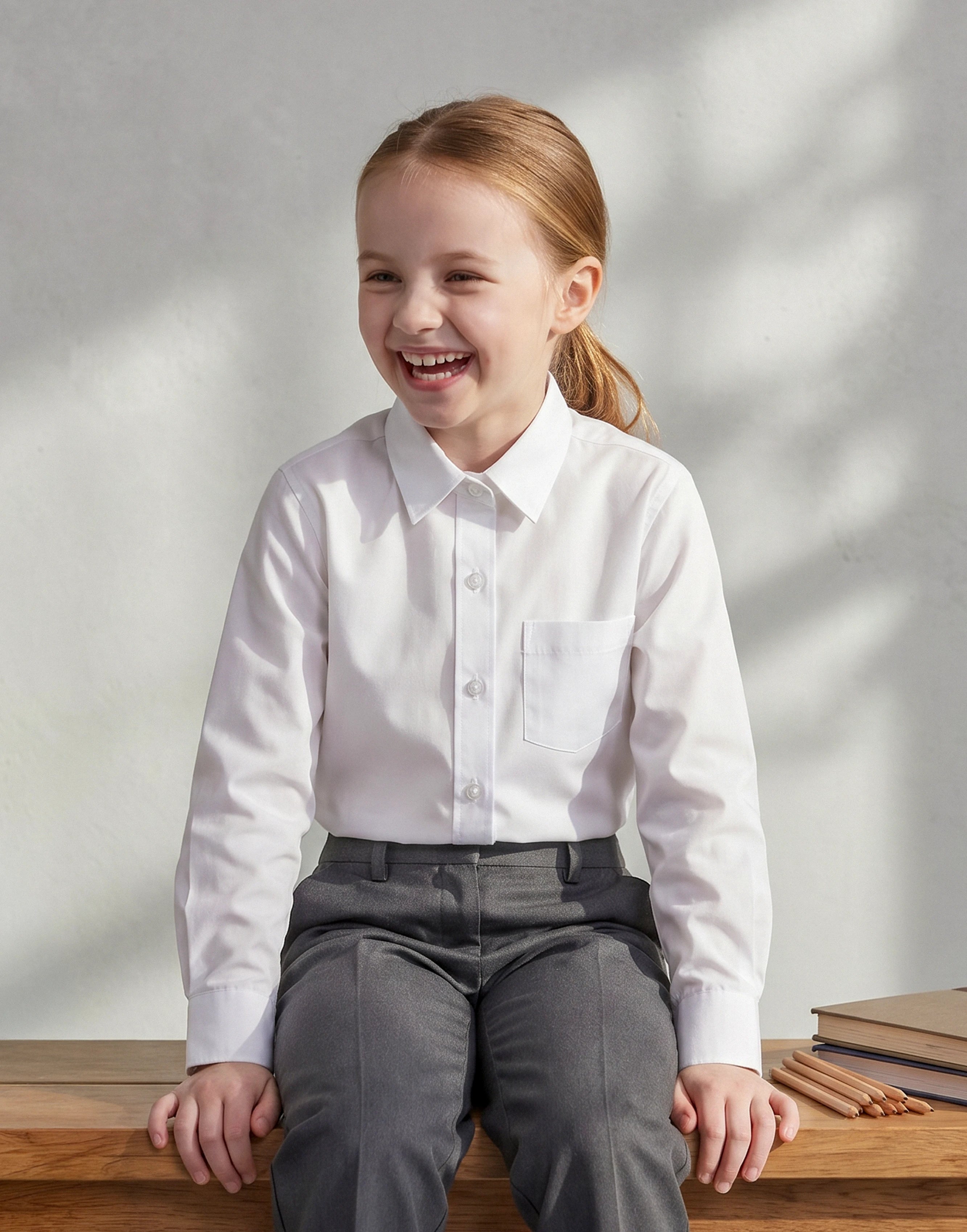 Child wearing a white long sleeve organic cotton school shirt front view