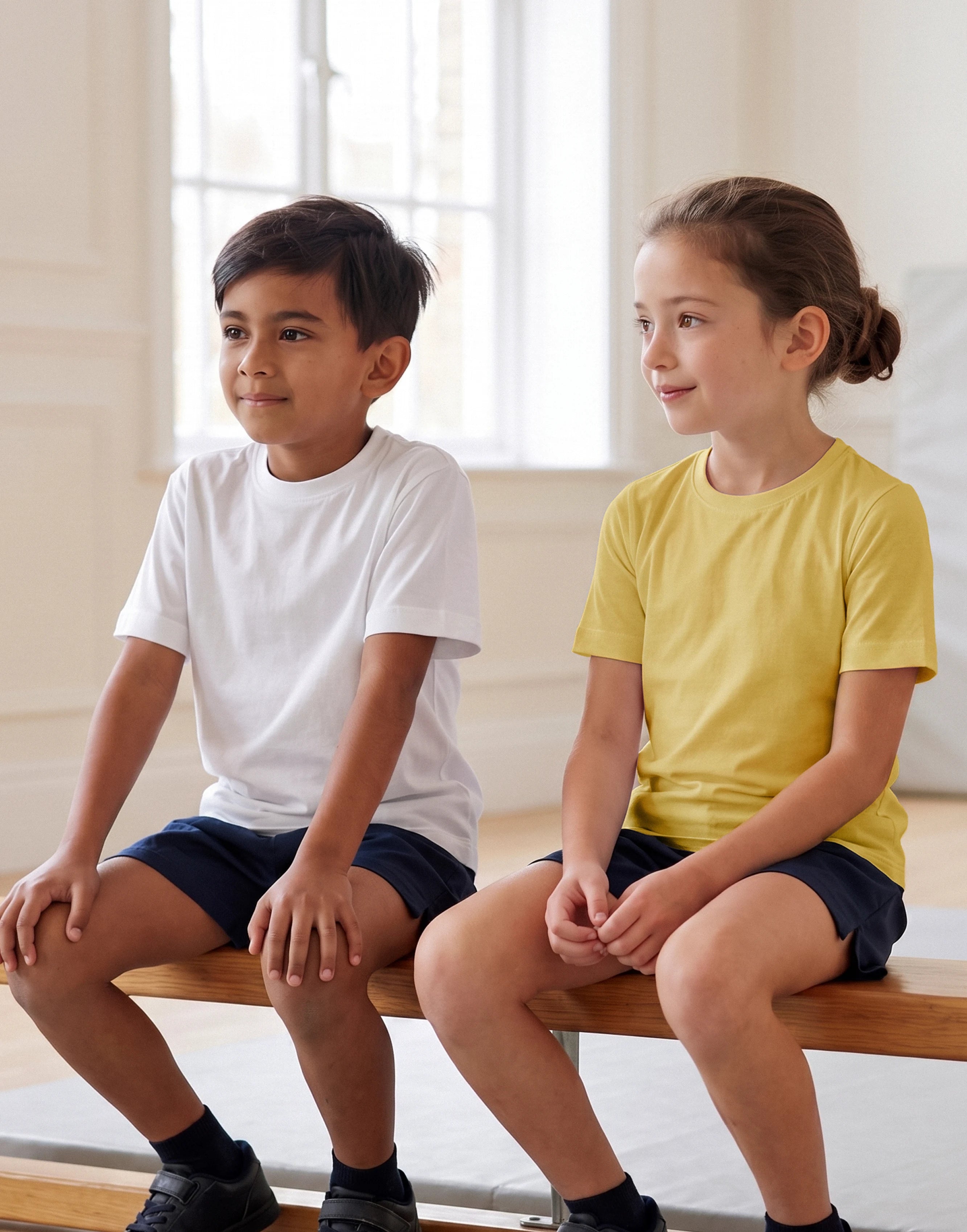 Children wearing a white crew neck T-shirt made from 100% GOTS-certified organic cotton, front view.