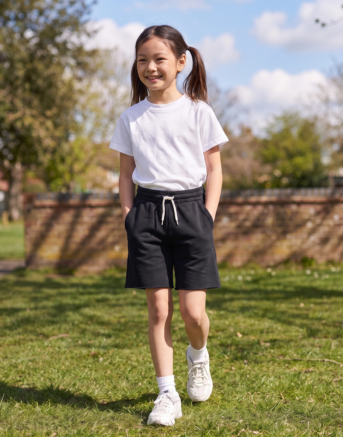 Child wearing black organic cotton drawstring sweat shorts, front view