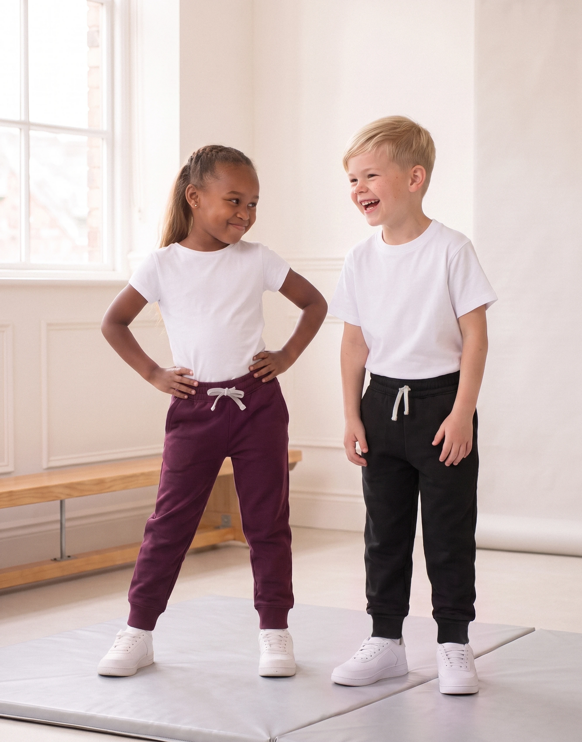 Child wearing maroon and black organic cotton joggers, front view