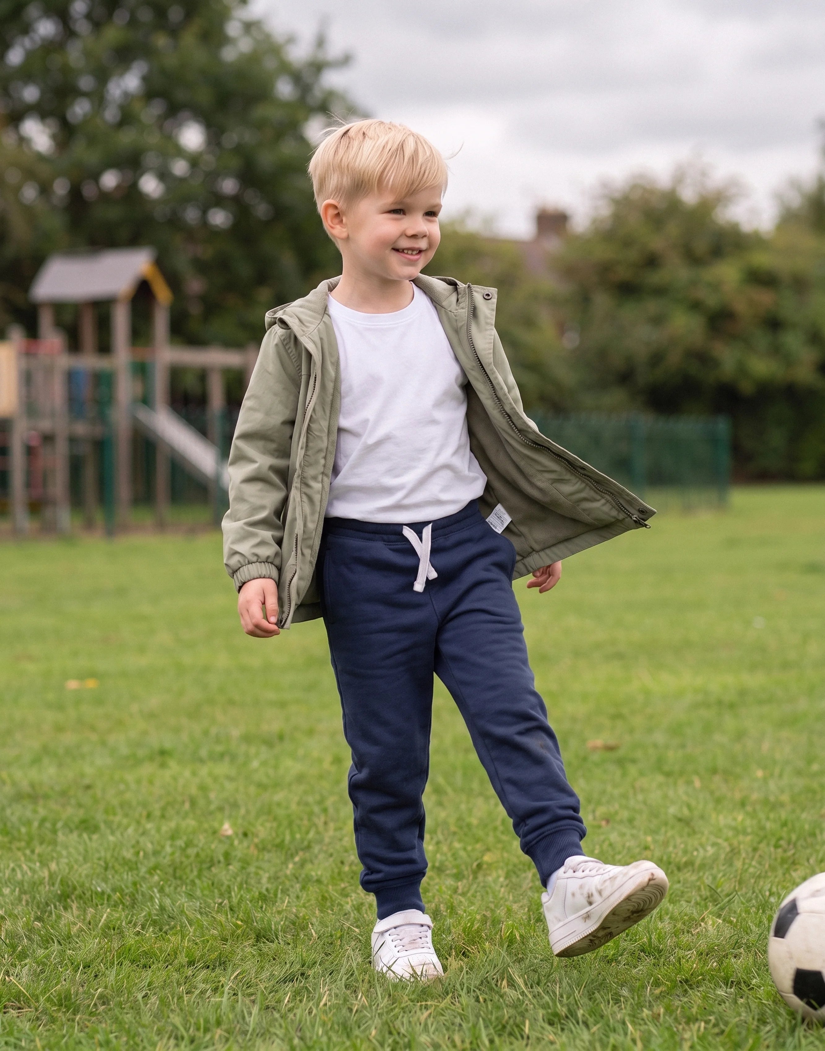 Boy wearing navy organic cotton joggers, front view