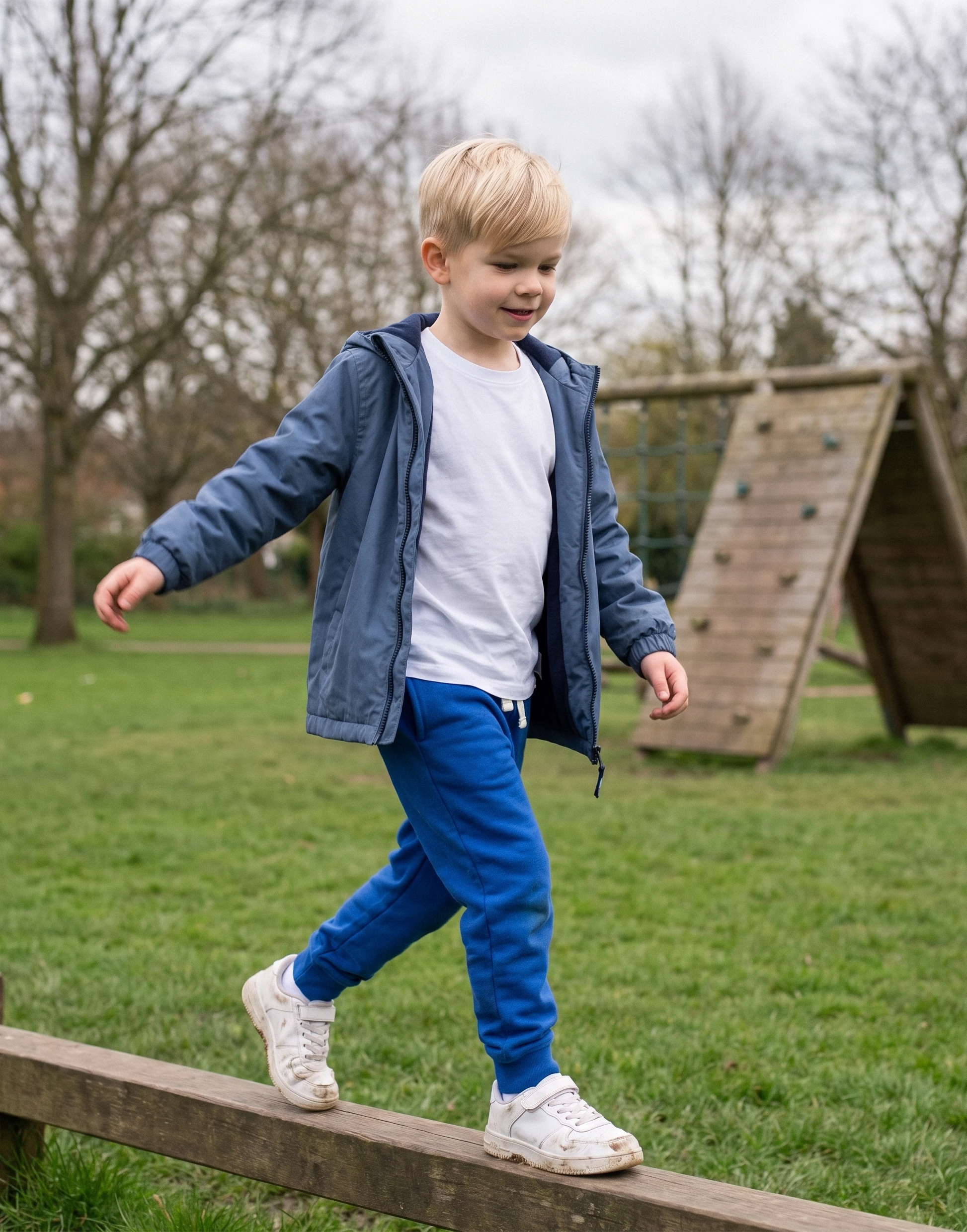 Child wearing royal blue organic cotton joggers, front view