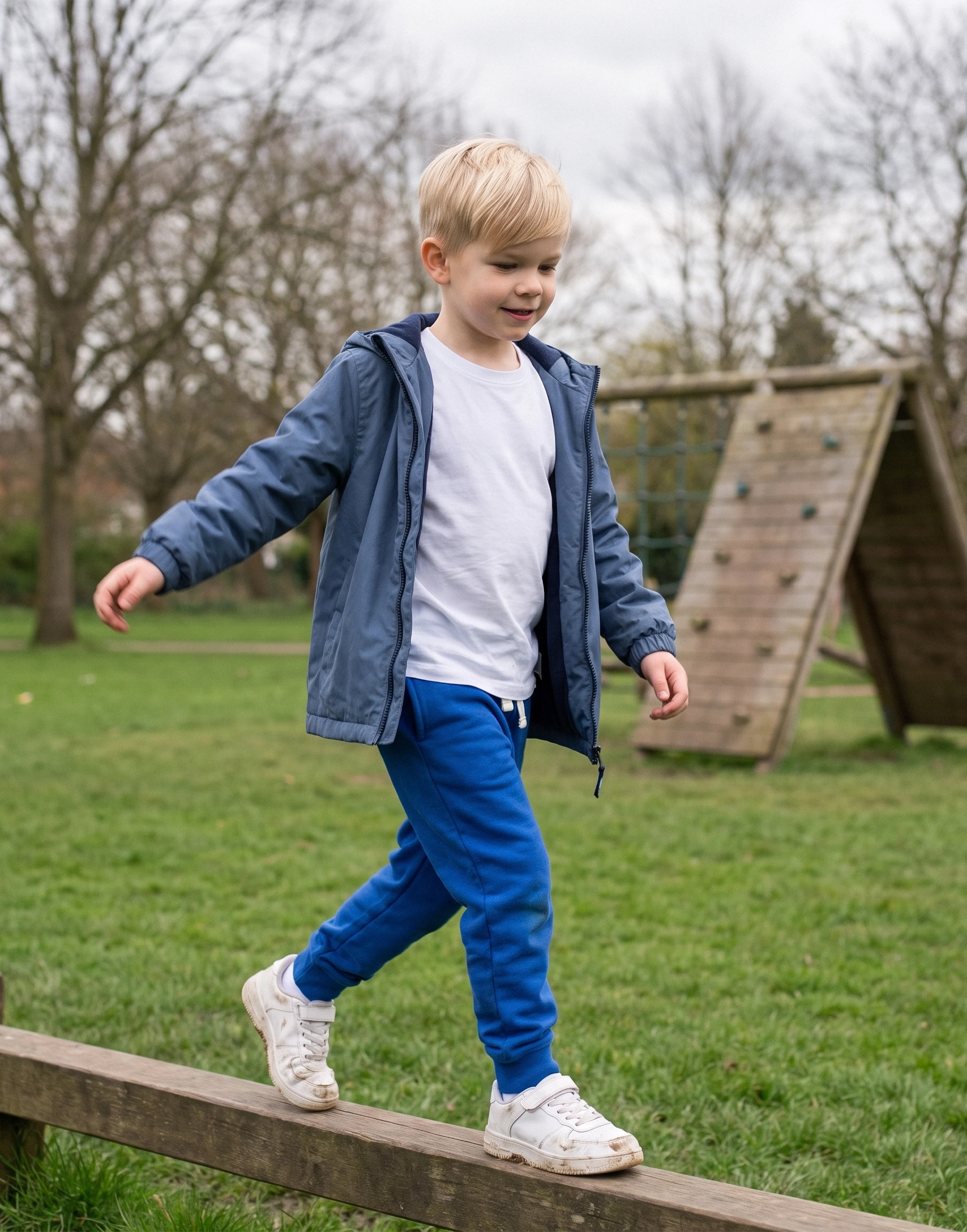 Child wearing royal blue organic cotton joggers, front view