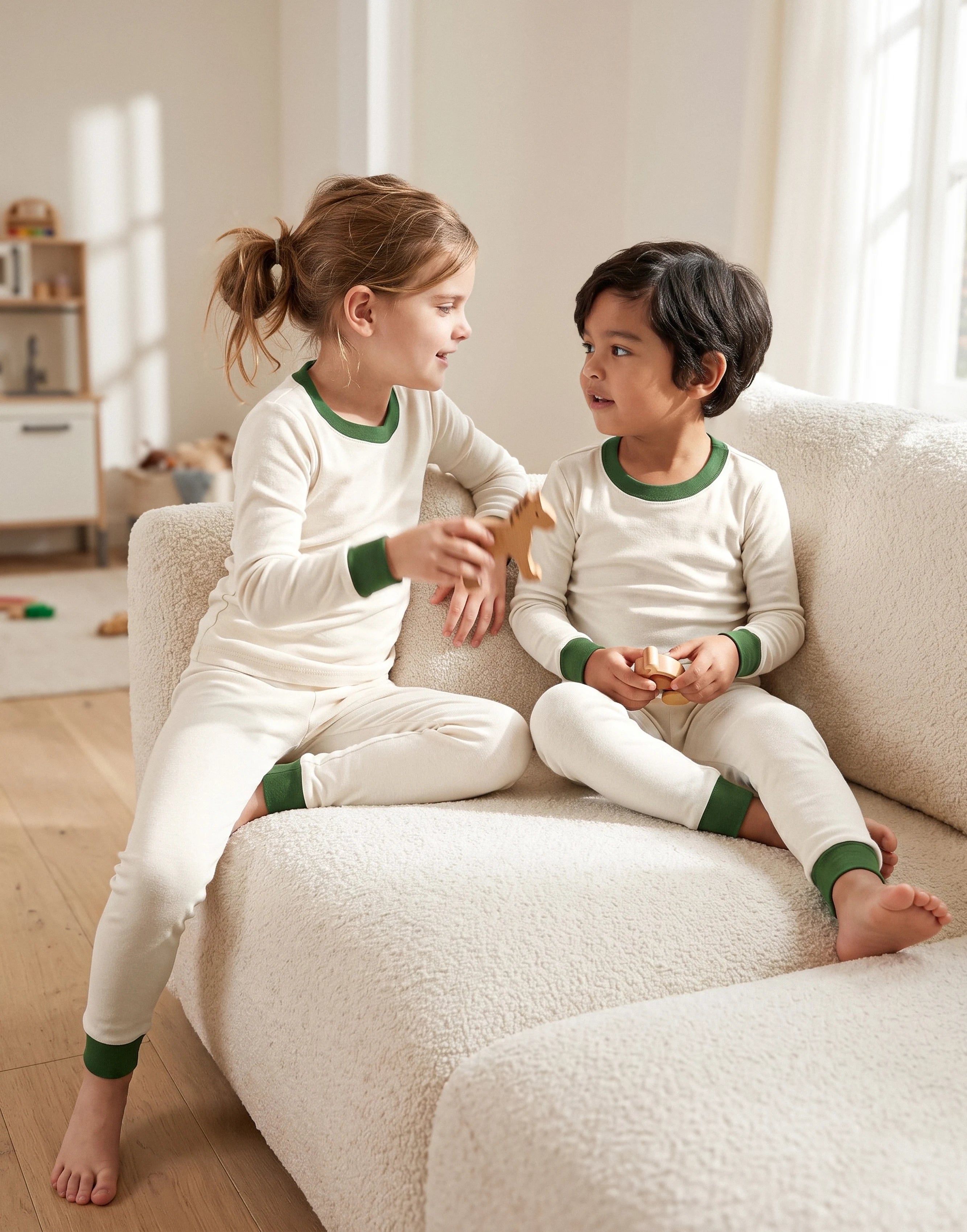 Two children wearing off-white full-length pyjamas with bottle green trim made from 100% GOTS-certified organic cotton.