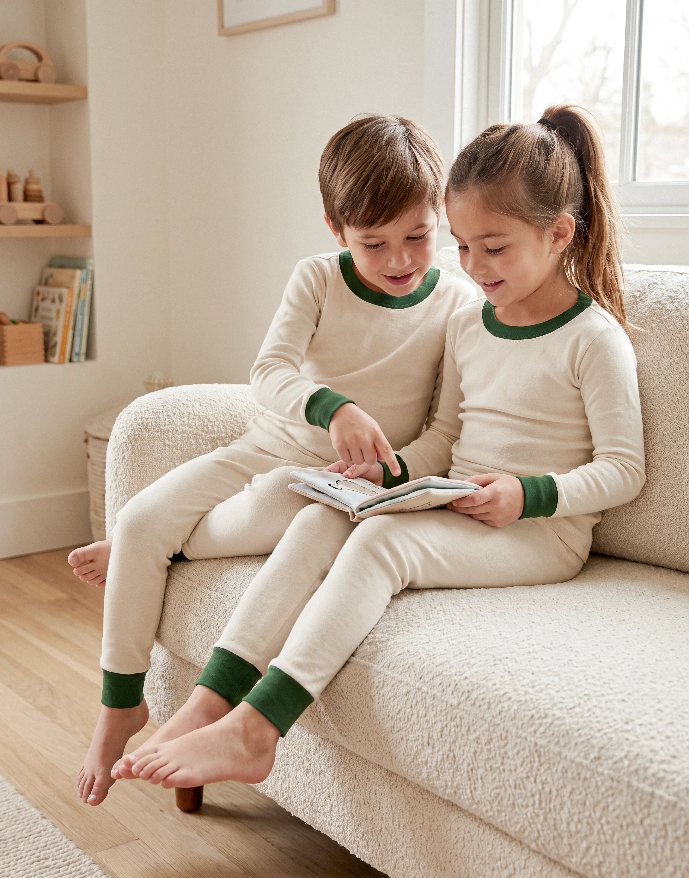 Two children wearing off-white full-length pyjamas with bottle green trim made from 100% GOTS-certified organic cotton.