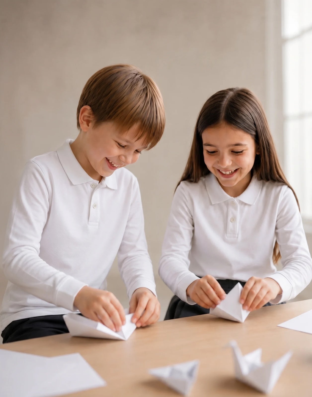 Two children wearing white organic cotton long sleeve school polo shirts making paper boats in a classroom.
