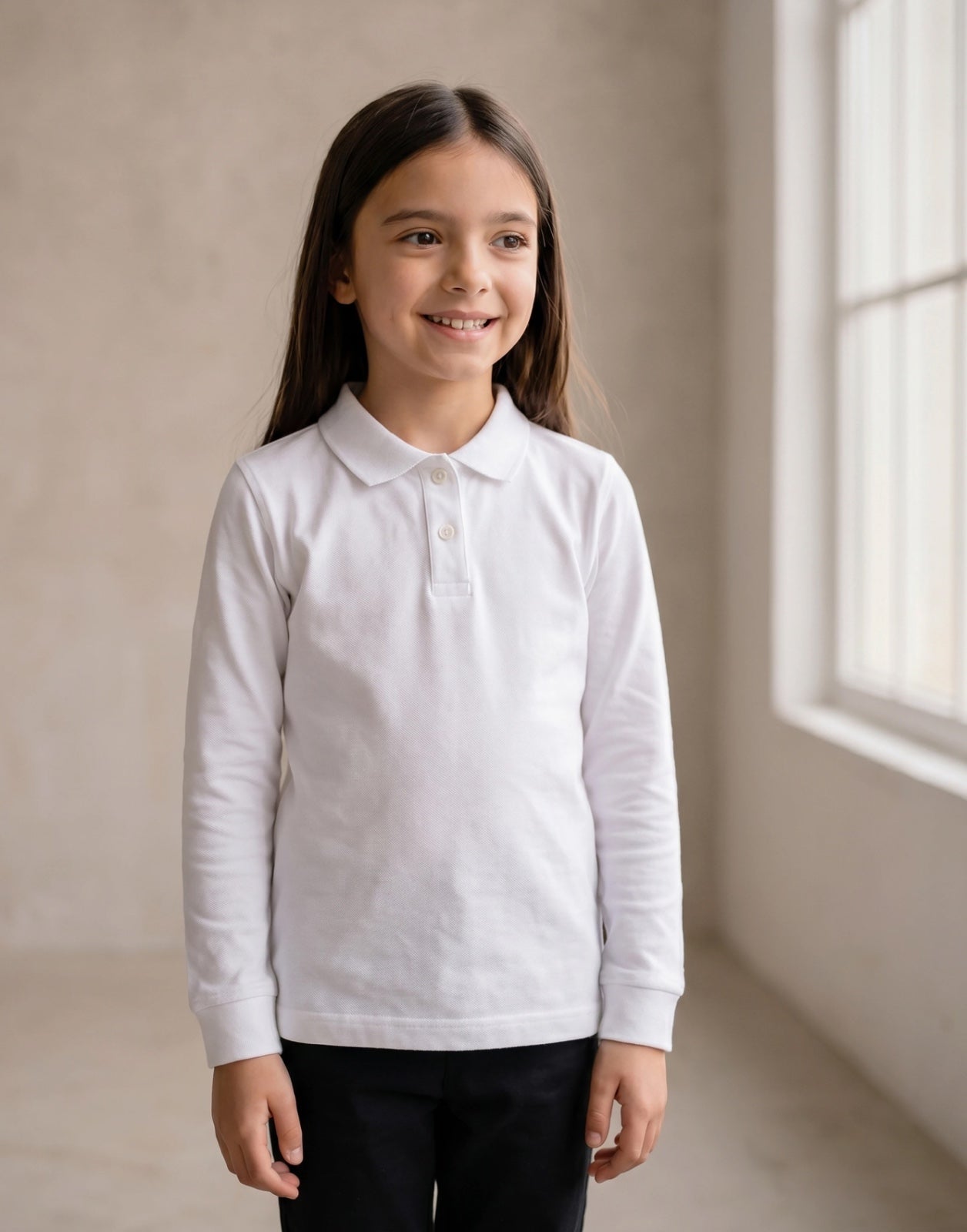 Girl wearing a white organic cotton long sleeve school polo shirt.