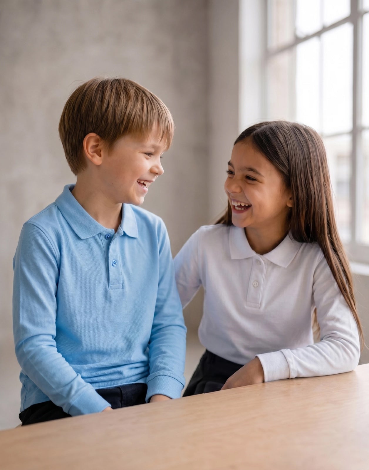 Boy wearing a sky blue organic cotton long sleeve school polo shirt and girl wearing a white organic cotton school polo shirt sitting together in classroom