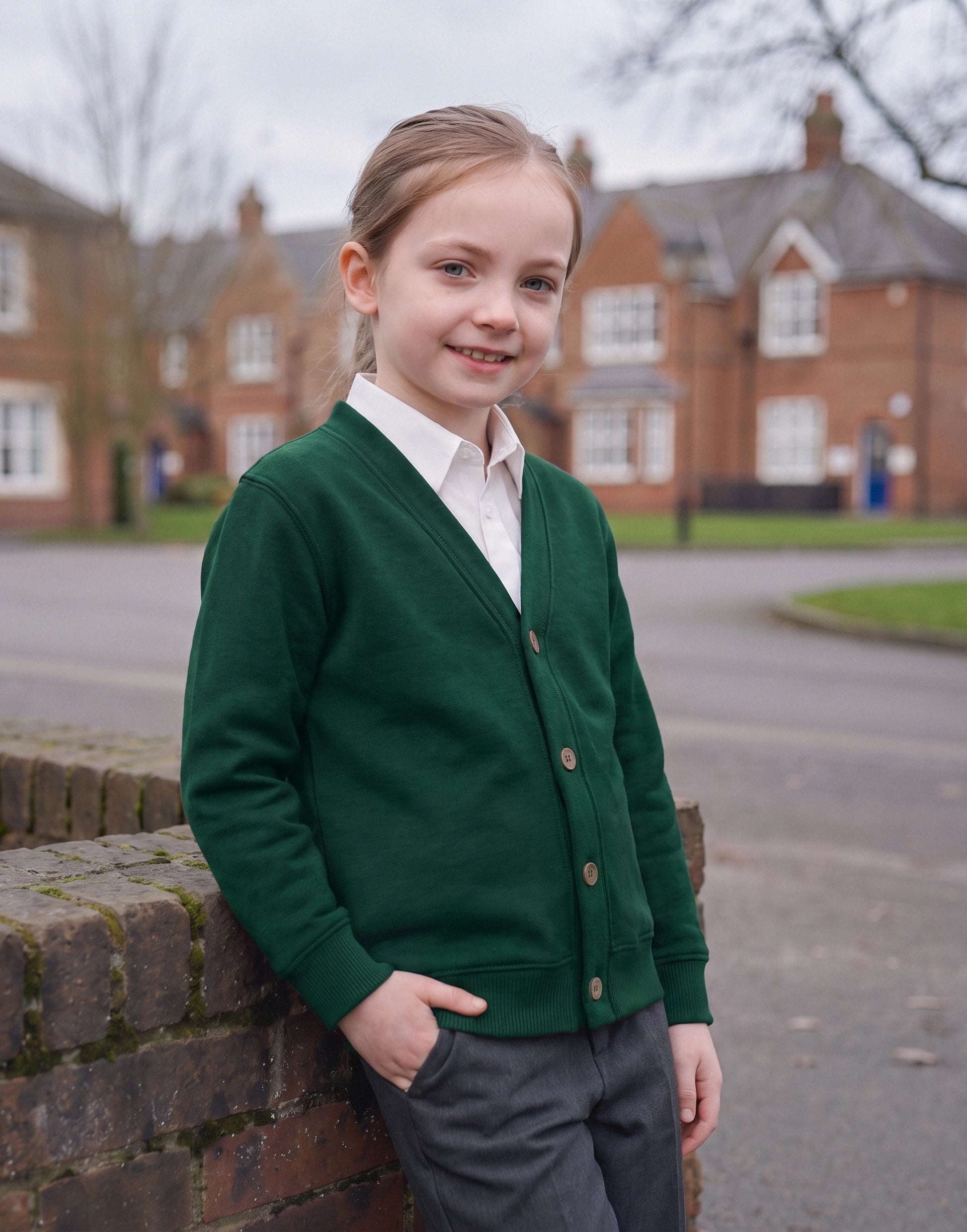 Child wearing a bottle green organic cotton school cardigan with a classic V-neck and button fastening, front view.