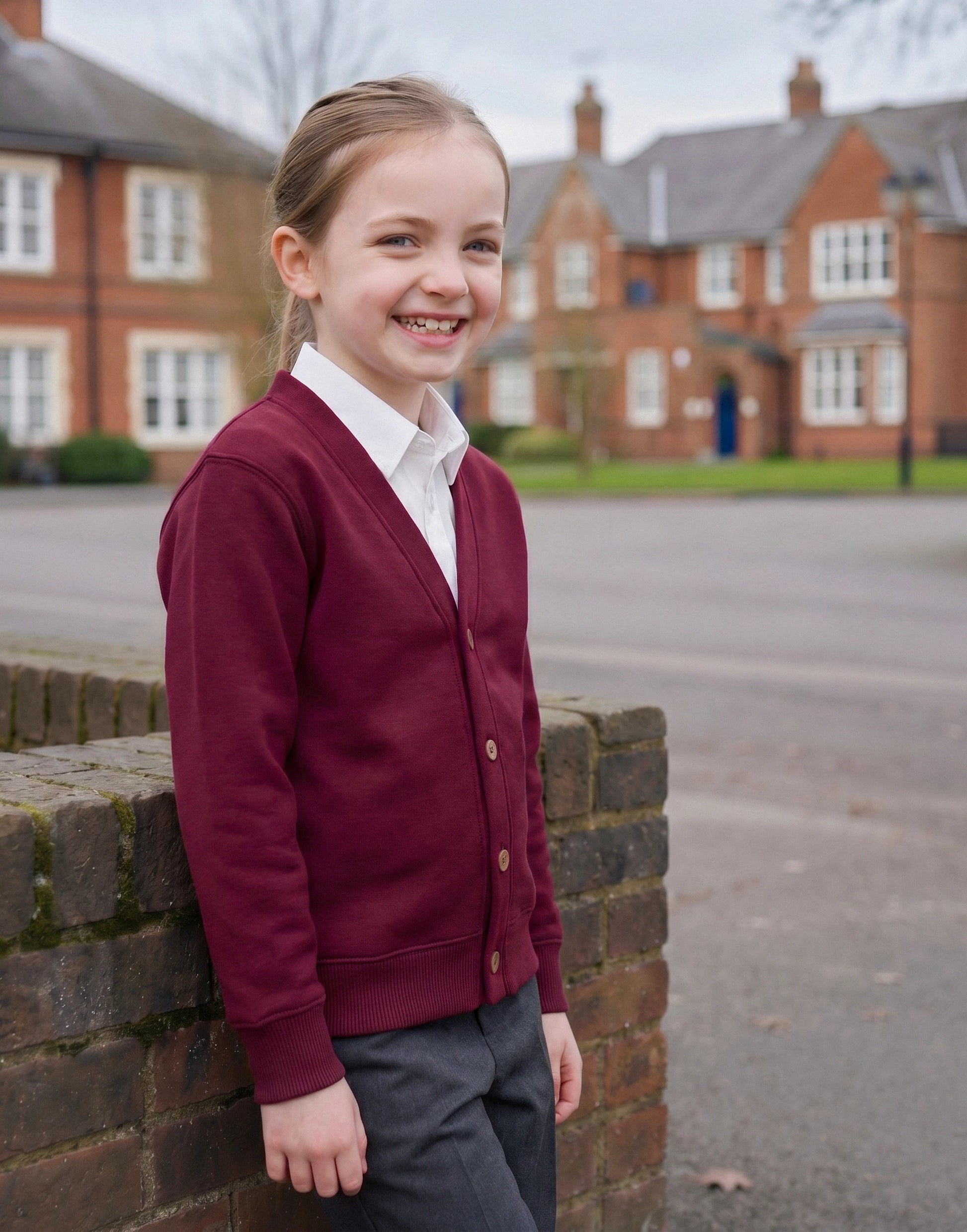 Child wearing a maroon organic cotton school cardigan with a classic V-neck and button fastening, front view.