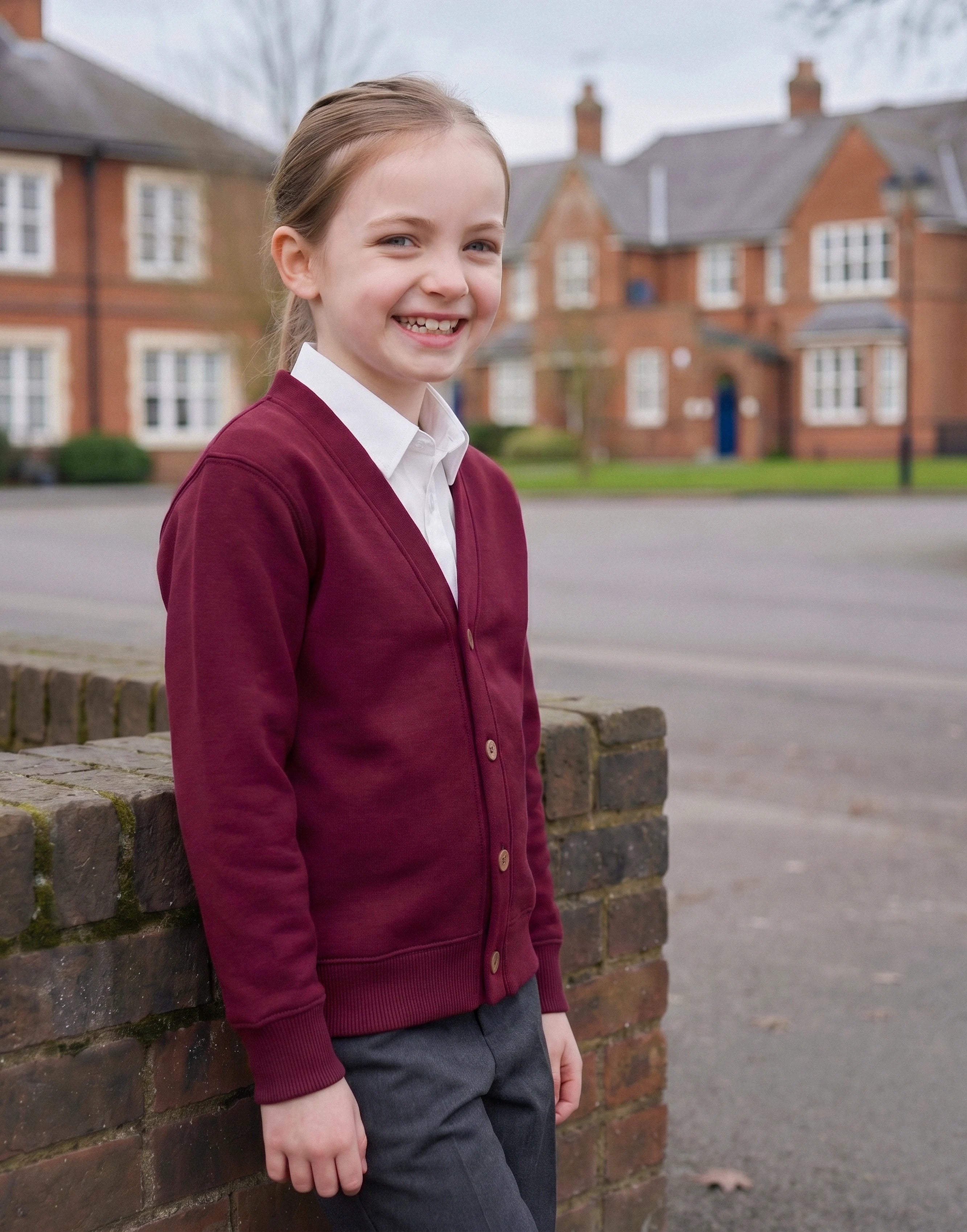 Child wearing a maroon organic cotton school cardigan with a classic V-neck and button fastening, front view.