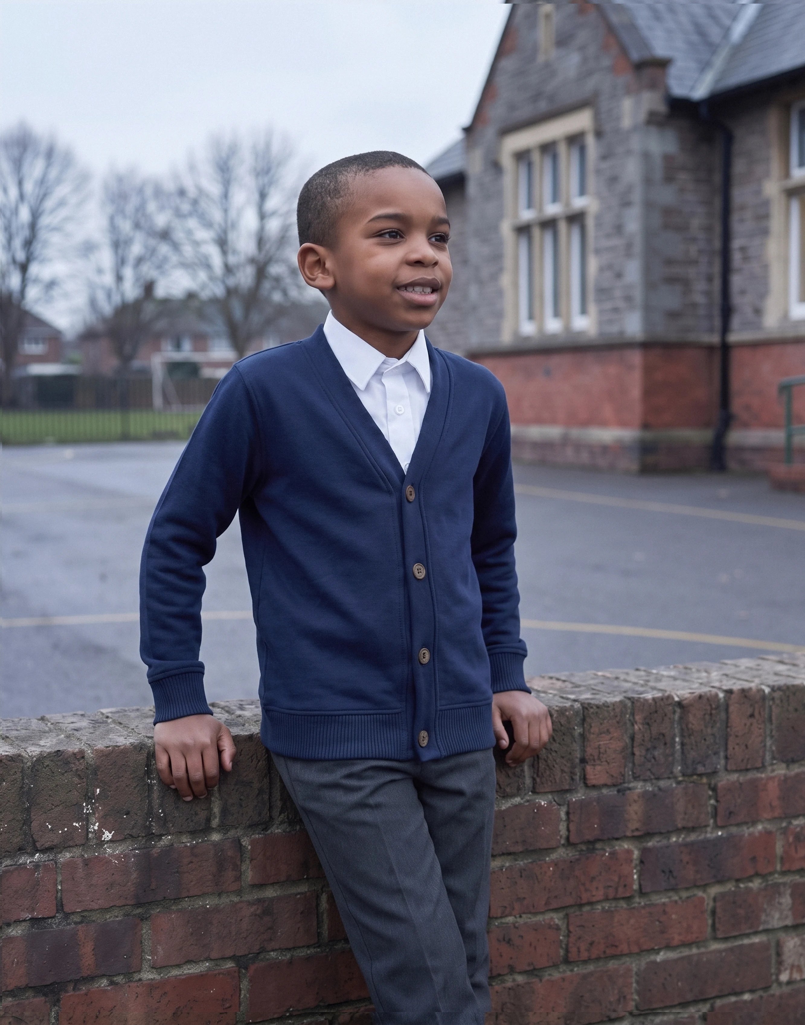 Child wearing a navy organic cotton school cardigan with a classic V-neck and button fastening, front view.