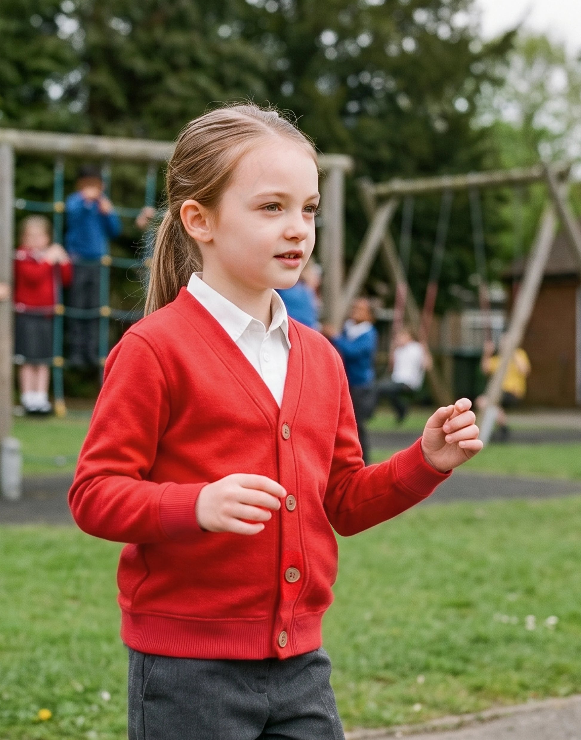 Child wearing a red organic cotton school cardigan with a classic V-neck and button fastening, front view.