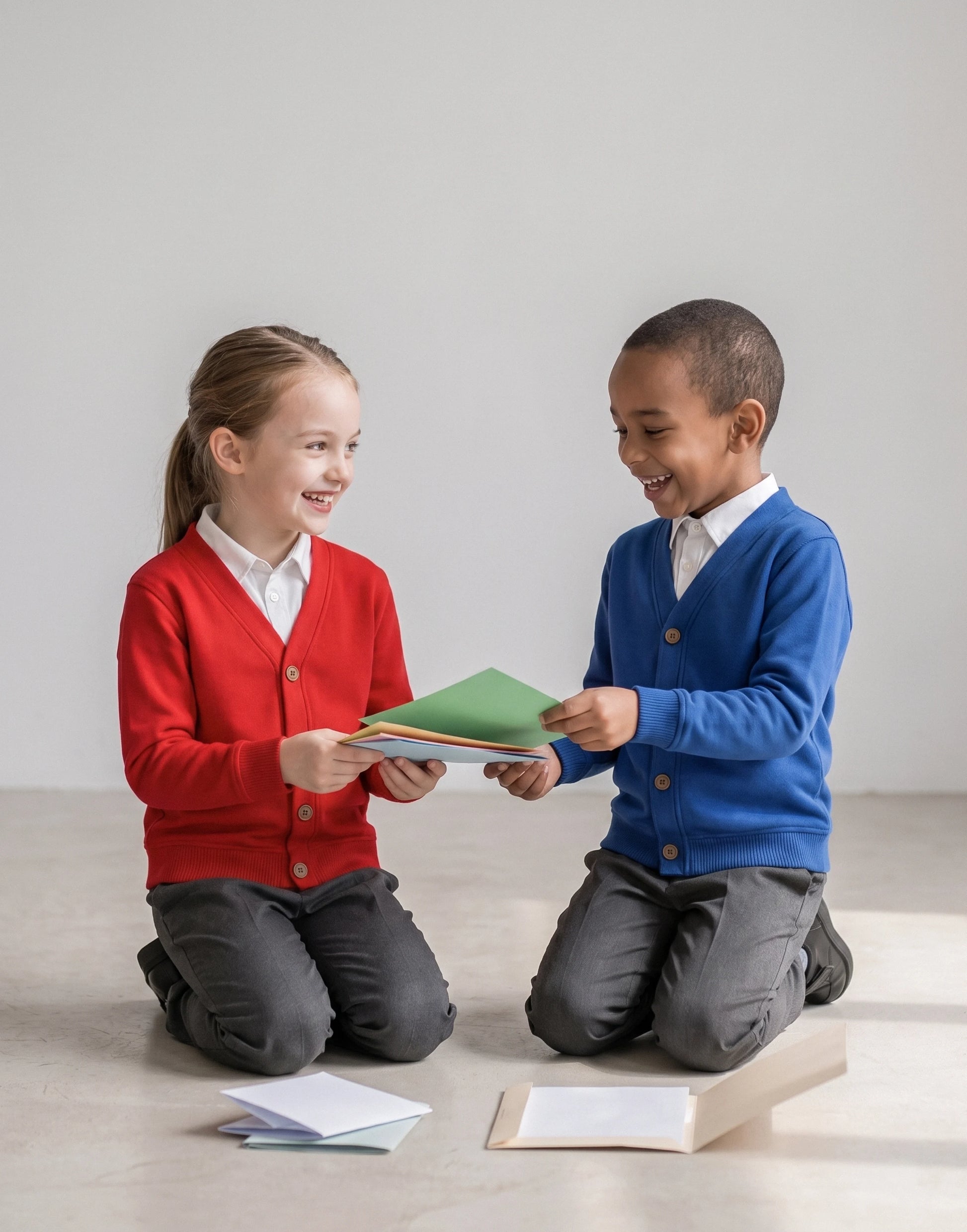 Children wearing a royal blue and a red organic cotton school cardigan with a classic V-neck and button fastening, front view.