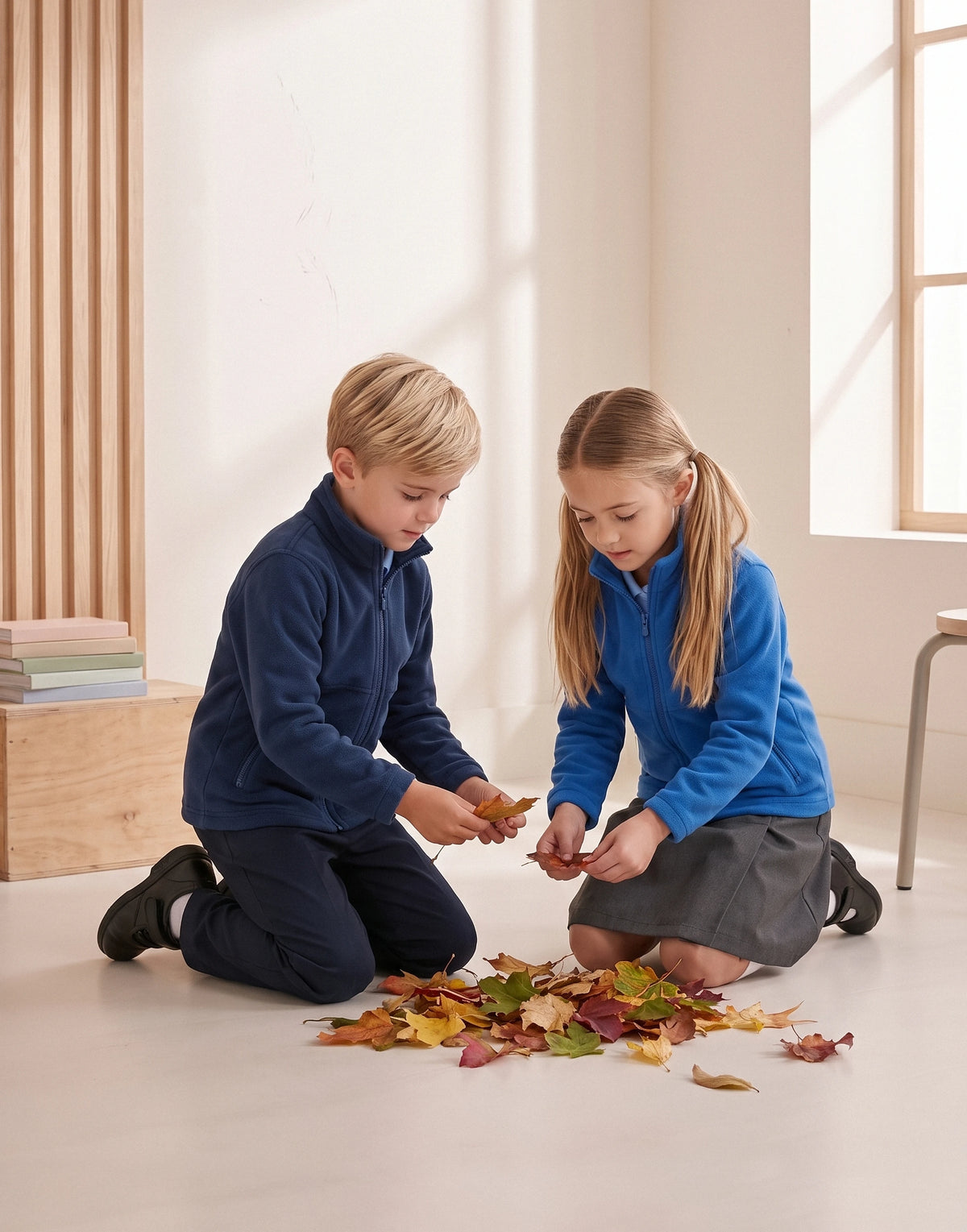 Children wearing a royal blue and a navy school fleece made from 100% GOTS-certified organic cotton, front view.