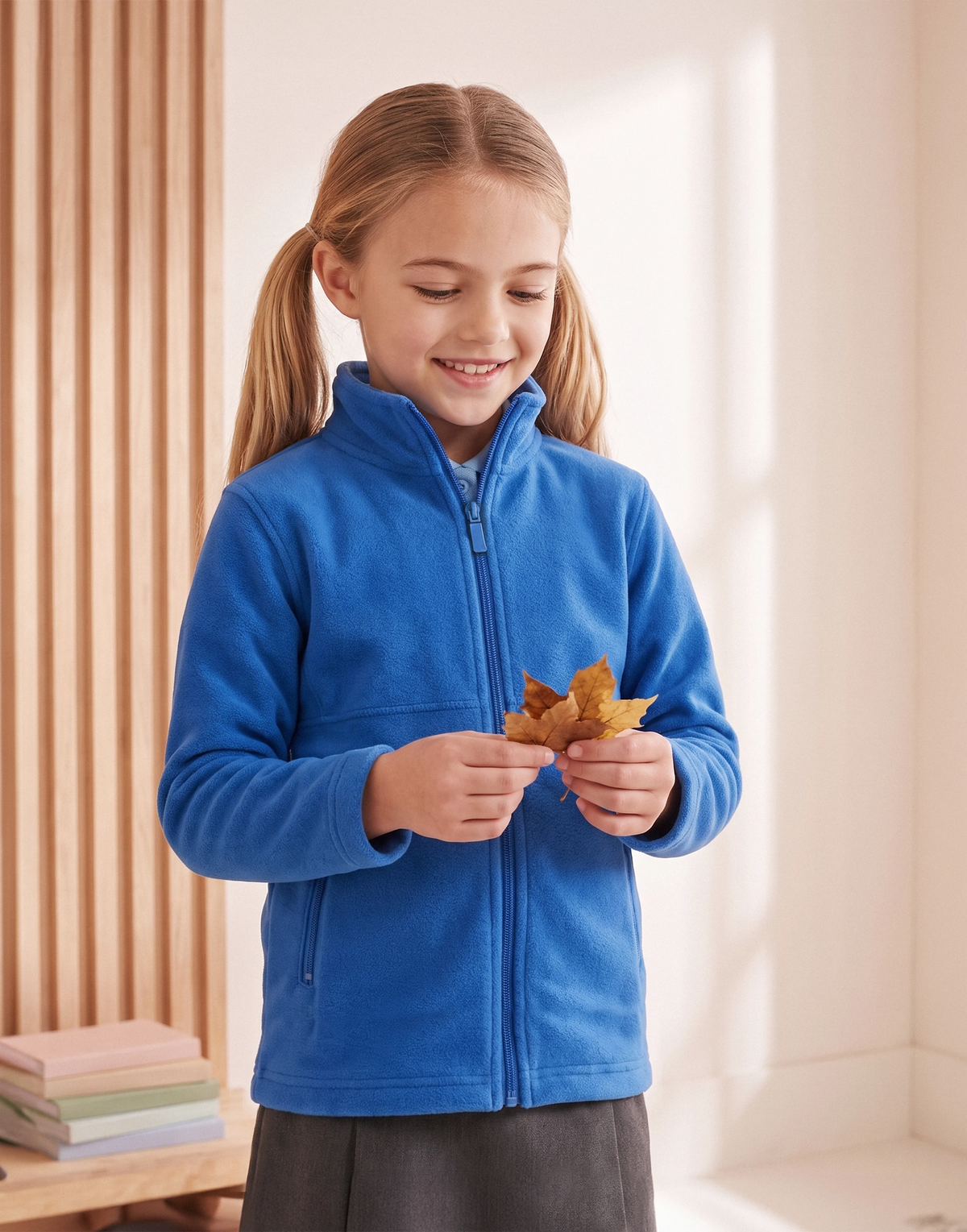 A young girl with blonde pigtails smiling while wearing a royal blue organic cotton fleece zip-up jacket and dark grey skirt, front view 