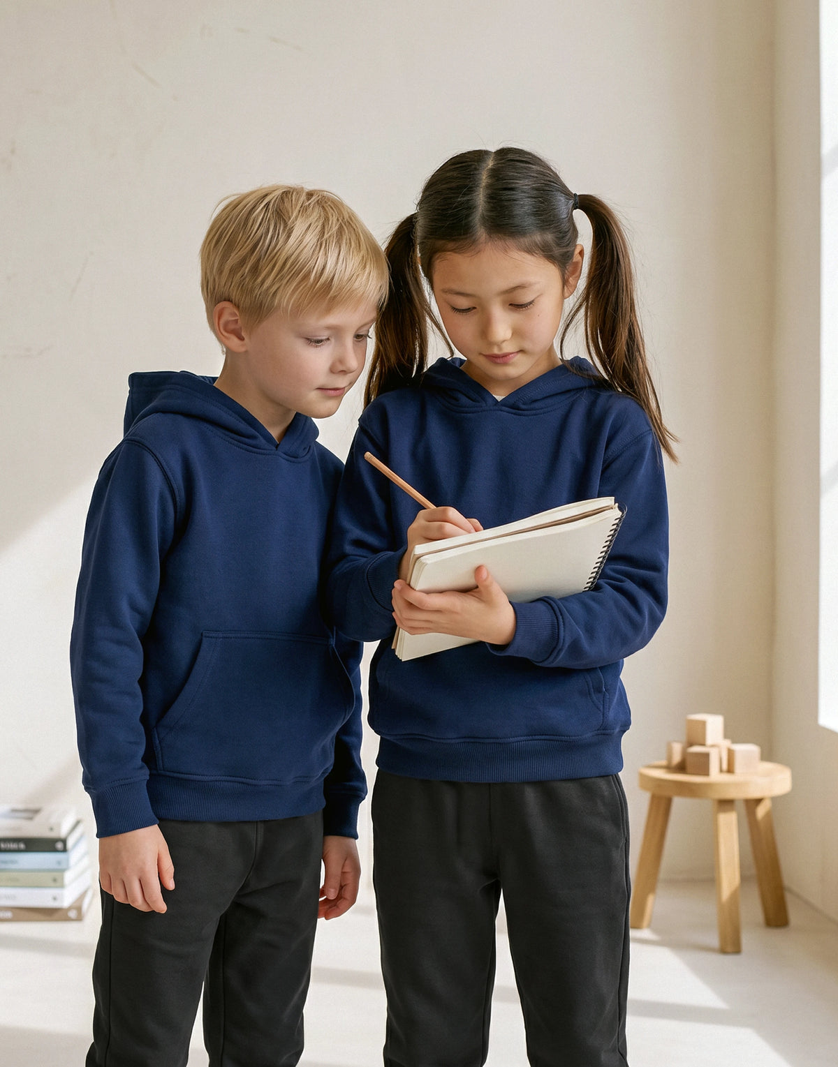 Children wearing a French Navy 100% organic cotton school hoodie with a lined hood and kangaroo pocket, front view.