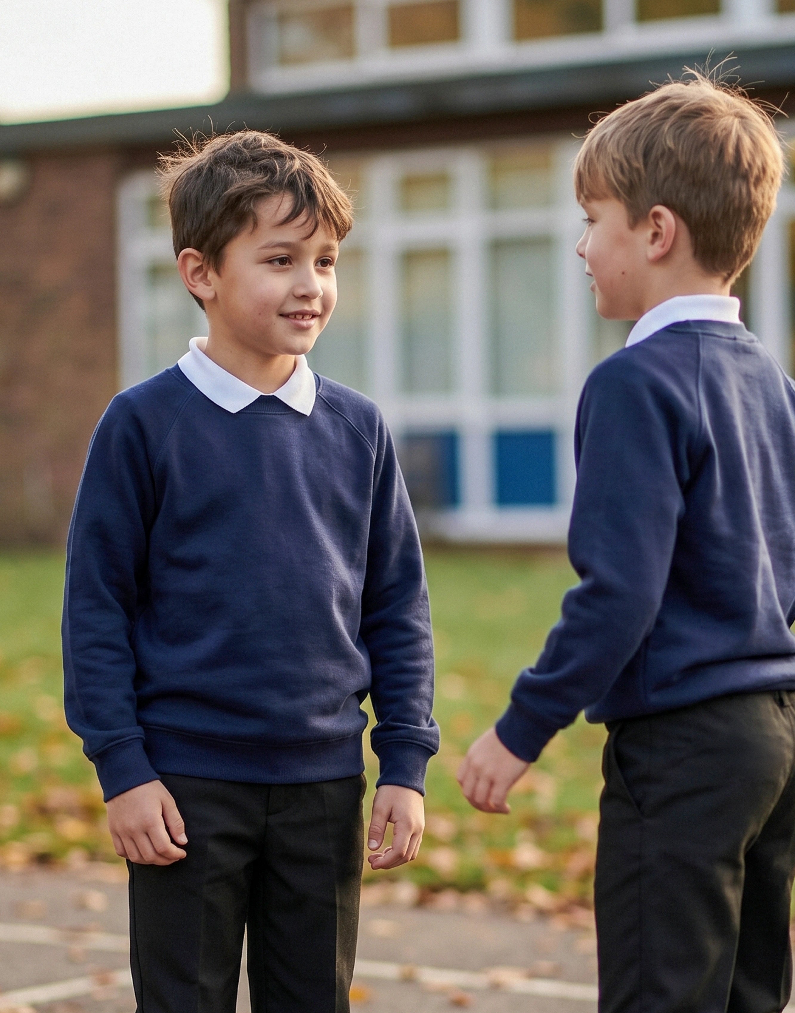 Children wearing a navy organic cotton school sweatshirt with a classic crew neck, front view.