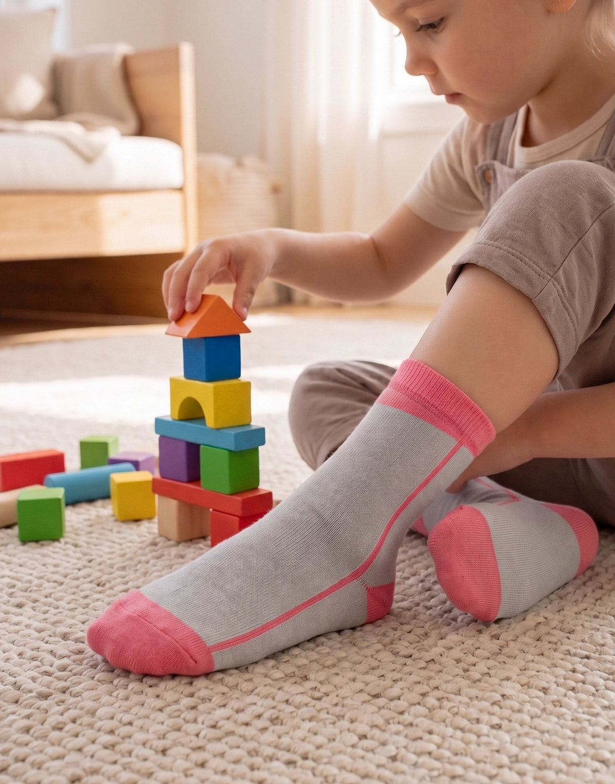 A child sitting on a textured cream carpet in a bright room, wearing light gray socks with pink toes, heels, and side stripes while stacking colorful wooden blocks.