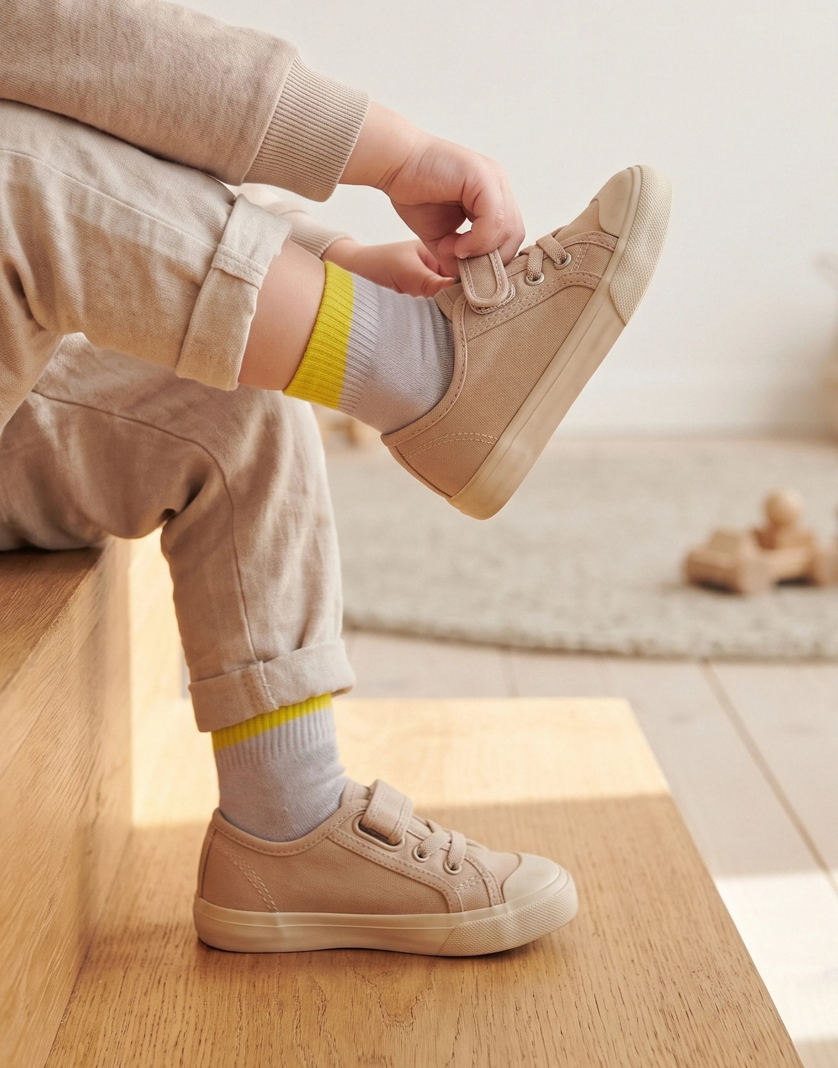 A child wearing beige canvas low-top sneakers with hook-and-loop closures, styled with light gray socks and yellow ribbed cuffs, sitting on a wooden bench in a warm, sunlit room.