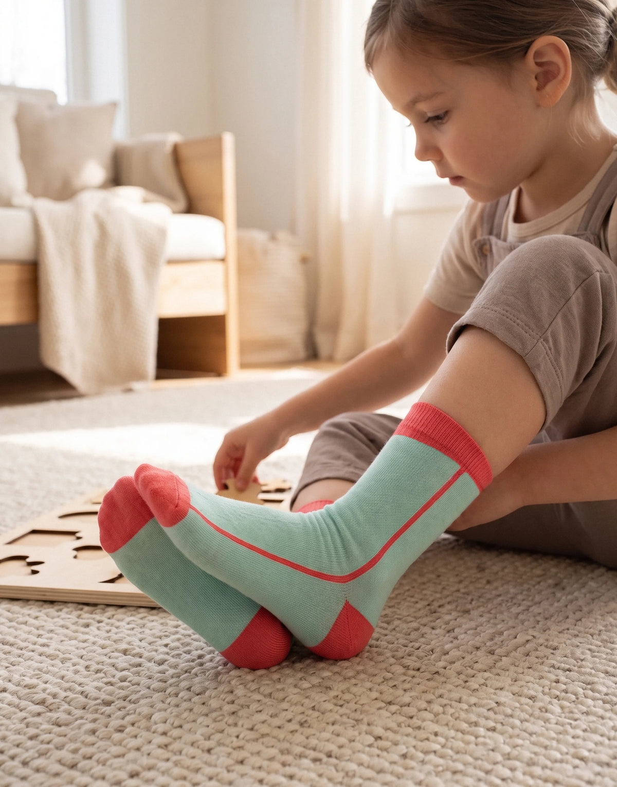 A child sitting on a textured cream rug in a bright room, wearing mint green socks with coral pink toes, heels, and a thin pink stripe down the side.