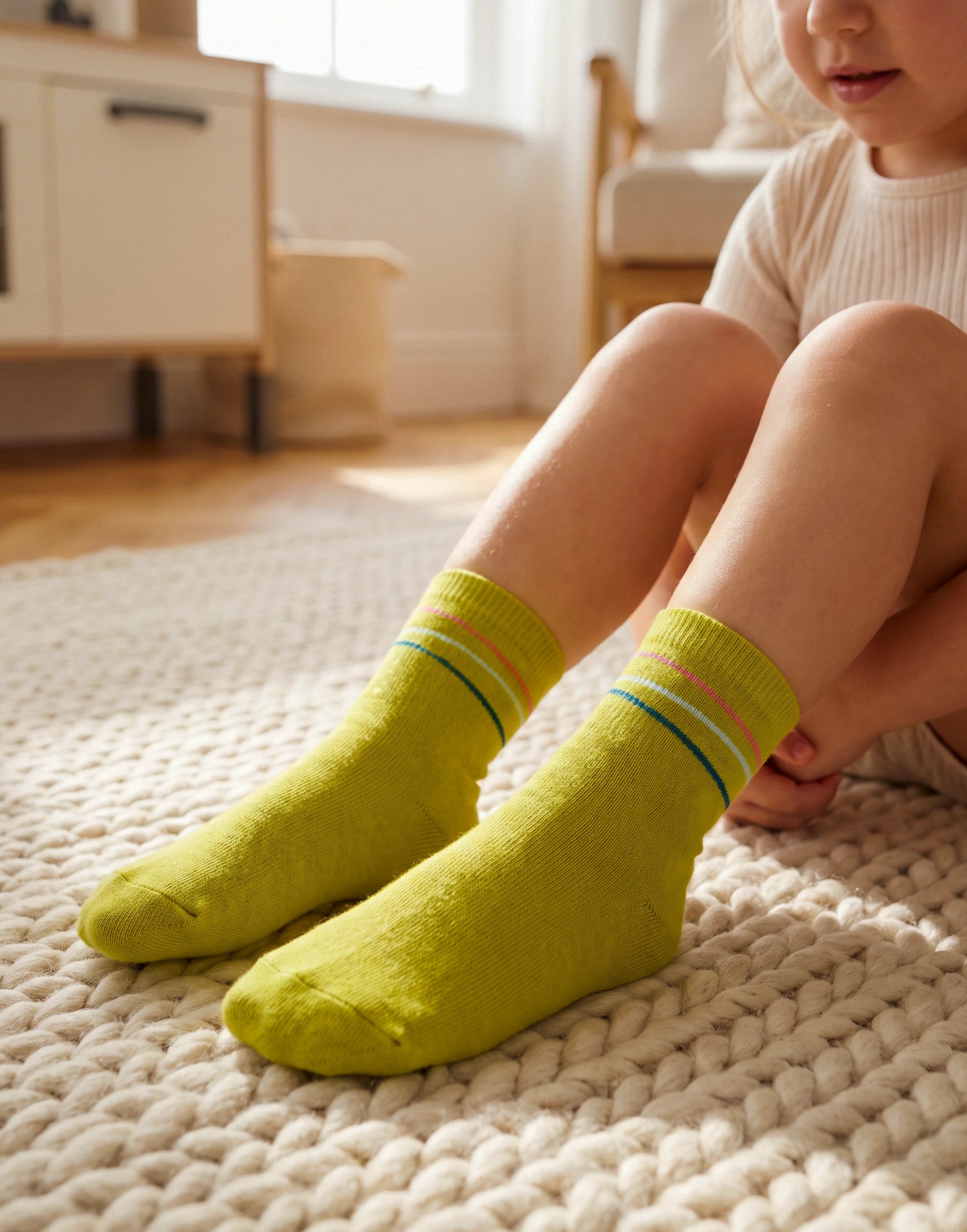 A child sitting on a cream knit rug wearing bright lime green crew socks with thin blue and yellow stripes near the cuff, in a sunlit indoor room.
