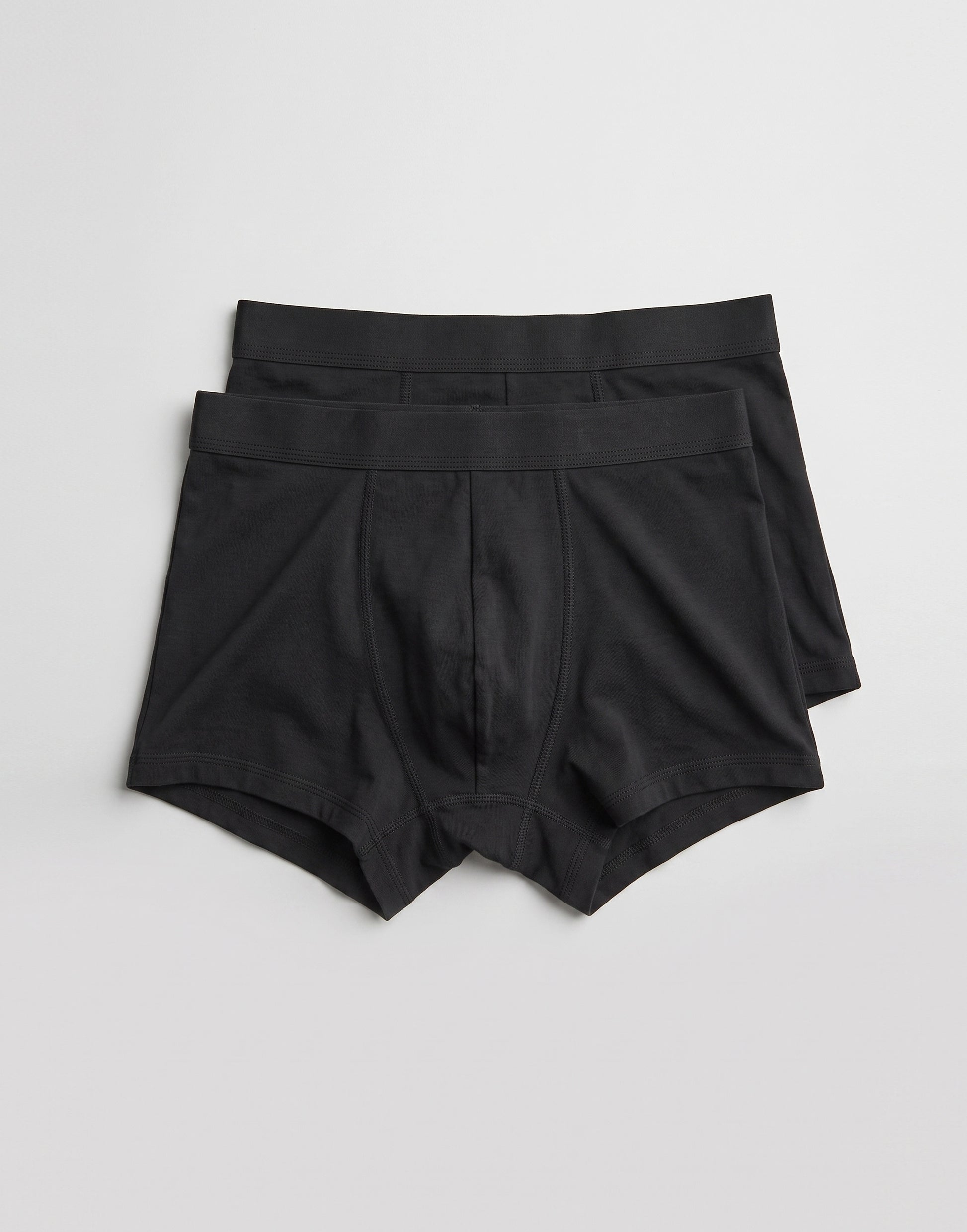 Two pairs of black men's boxer briefs stacked slightly offset on a light gray background.