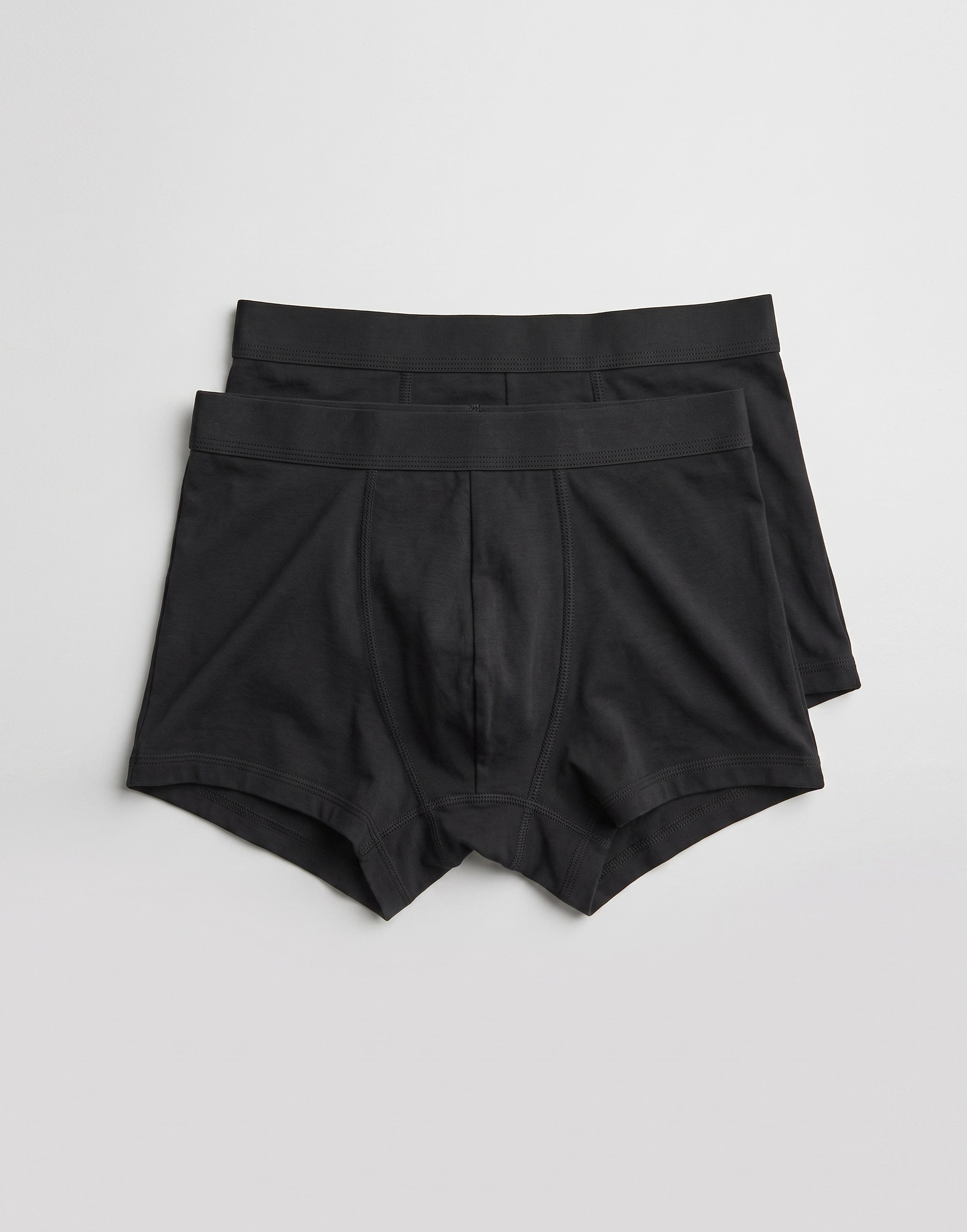 Two pairs of black men's boxer briefs stacked slightly offset on a light gray background.