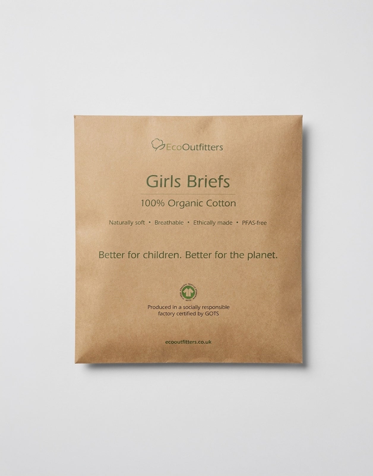 A square kraft paper package for EcoOutfitters Girls Briefs, made from 100% organic cotton, shown on a light gray background.