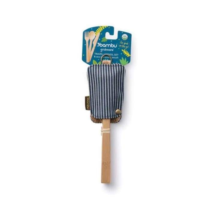 Bamboo travel cutlery set with striped pouch on a white background