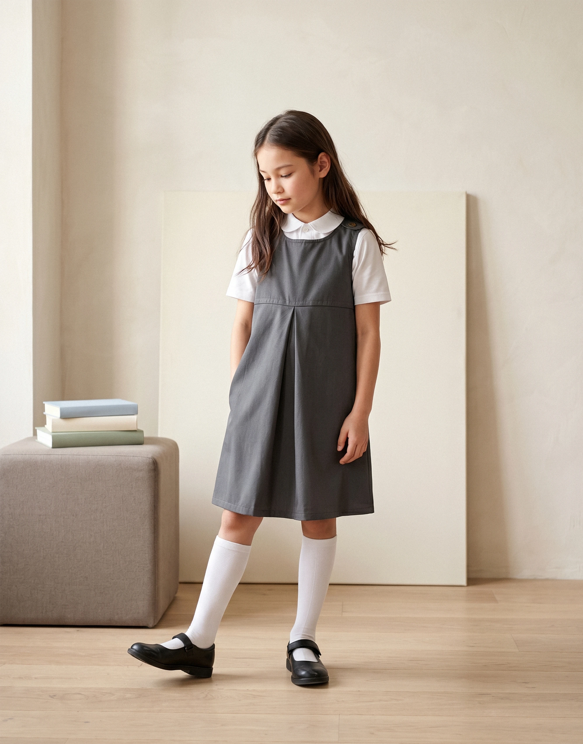 Girl wearing a grey school pinafore dress with front pleat made from 100% GOTS-certified organic cotton, front view.