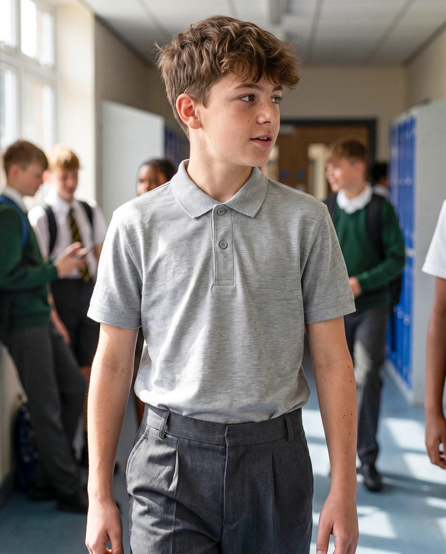 Boy wearing a grey short sleeve school polo shirt made from 100% organic cotton, front view