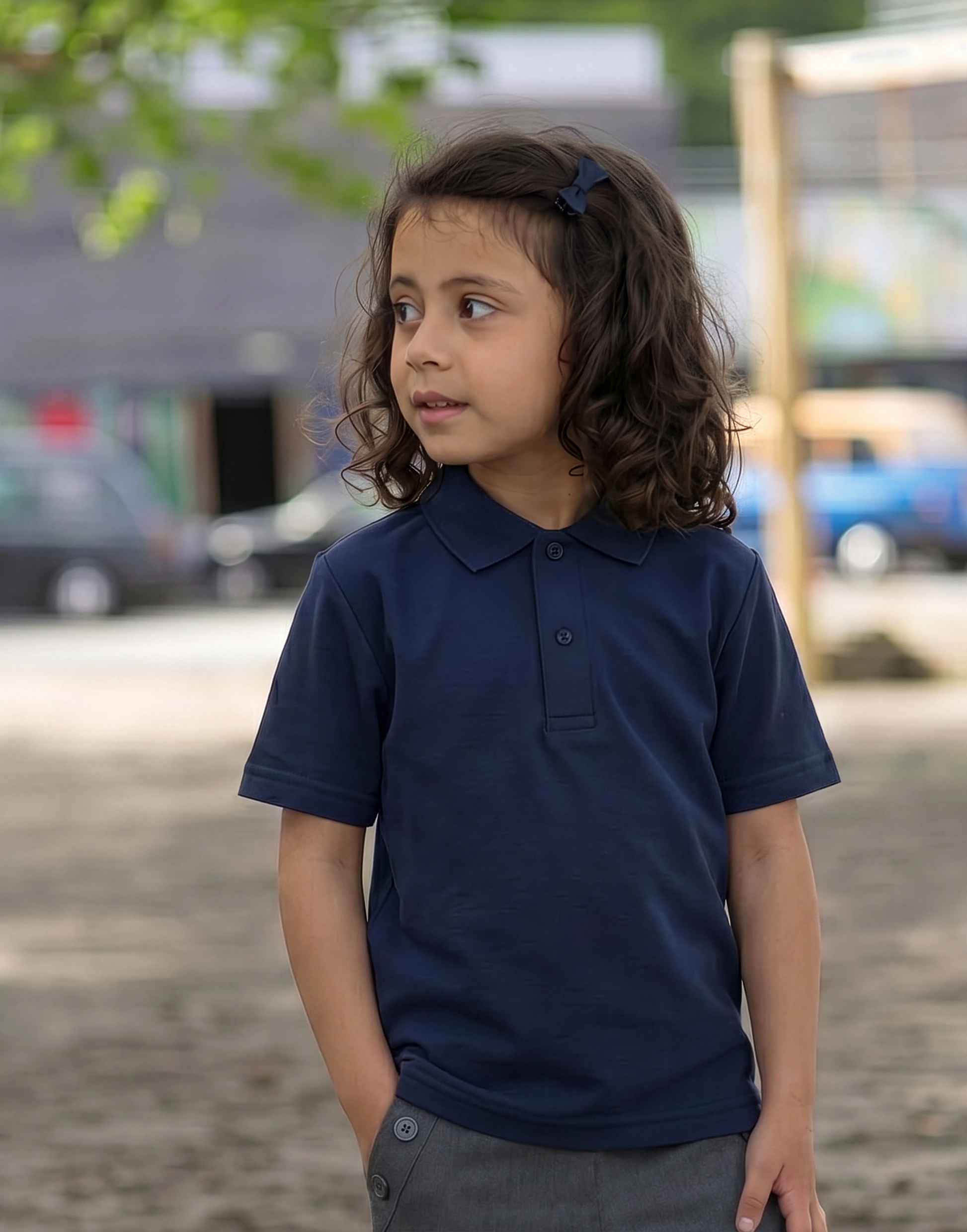 Side view of a navy organic cotton short sleeve school polo shirt
