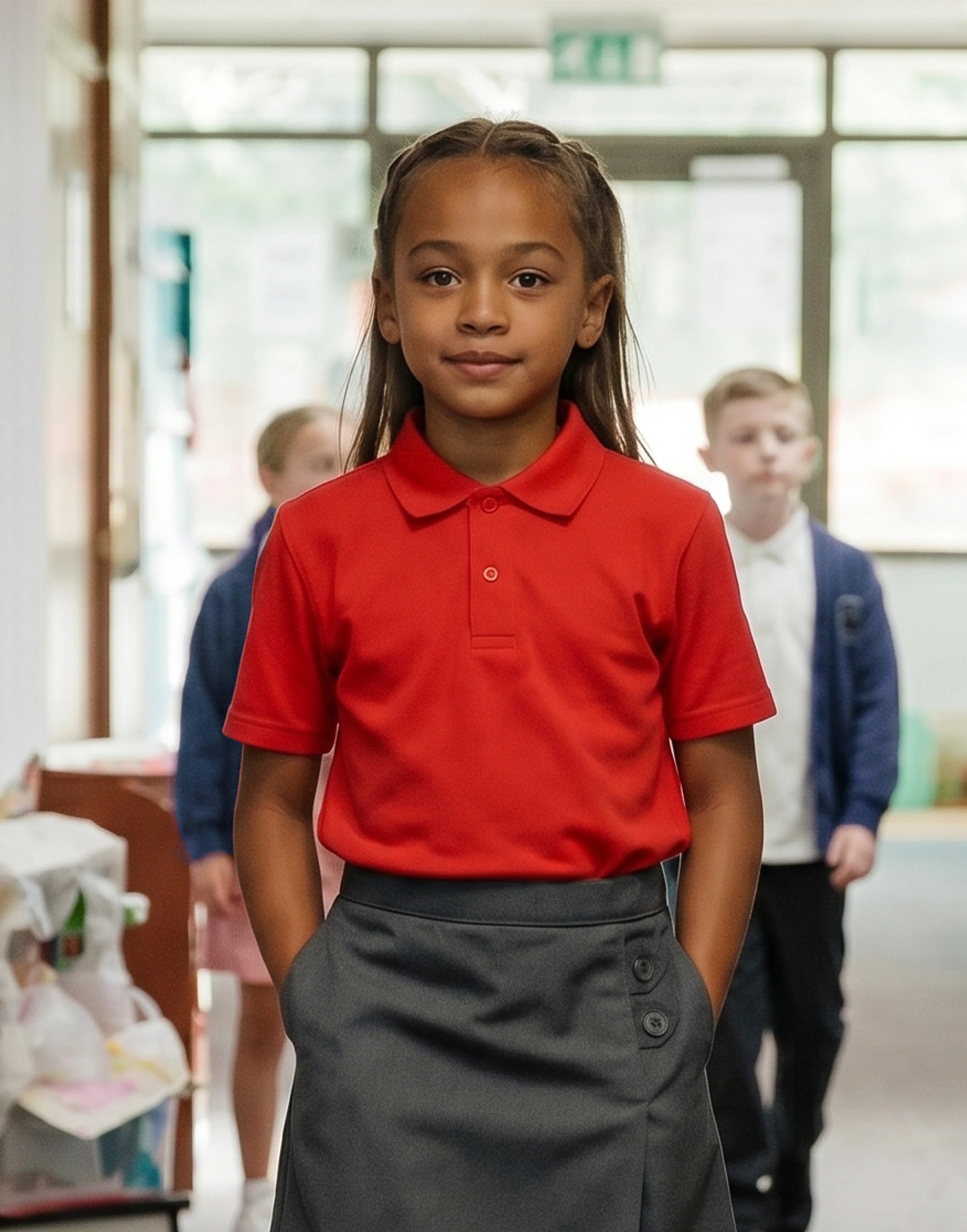 Girl wearing a red short sleeve school polo shirt made from 100% organic cotton, front view