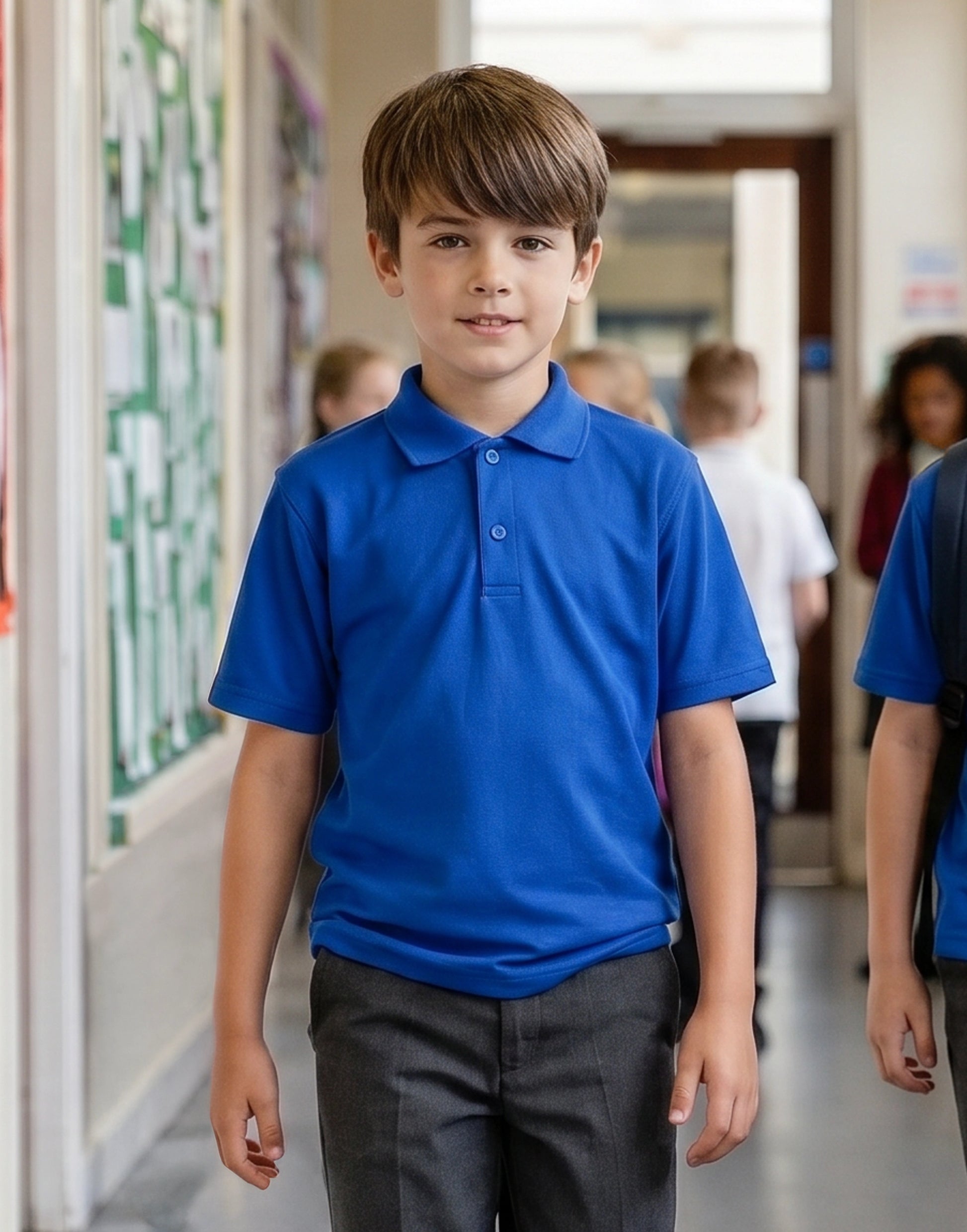 Child wearing a royal blue short sleeve school polo shirt made from 100% organic cotton, front view