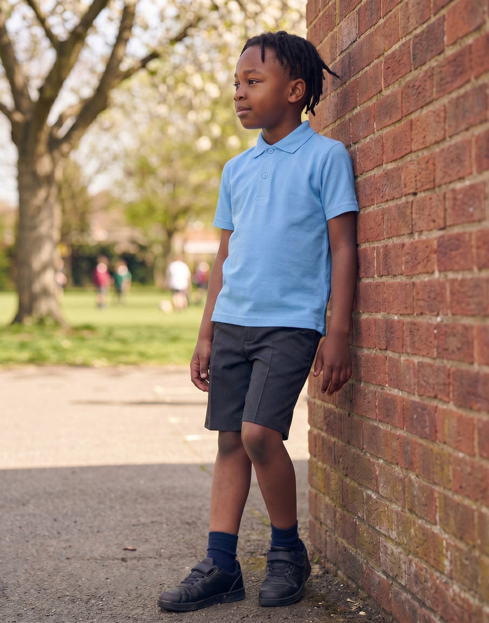 Boy wearing a sky blue short sleeve school polo shirt made from 100% organic cotton, front view