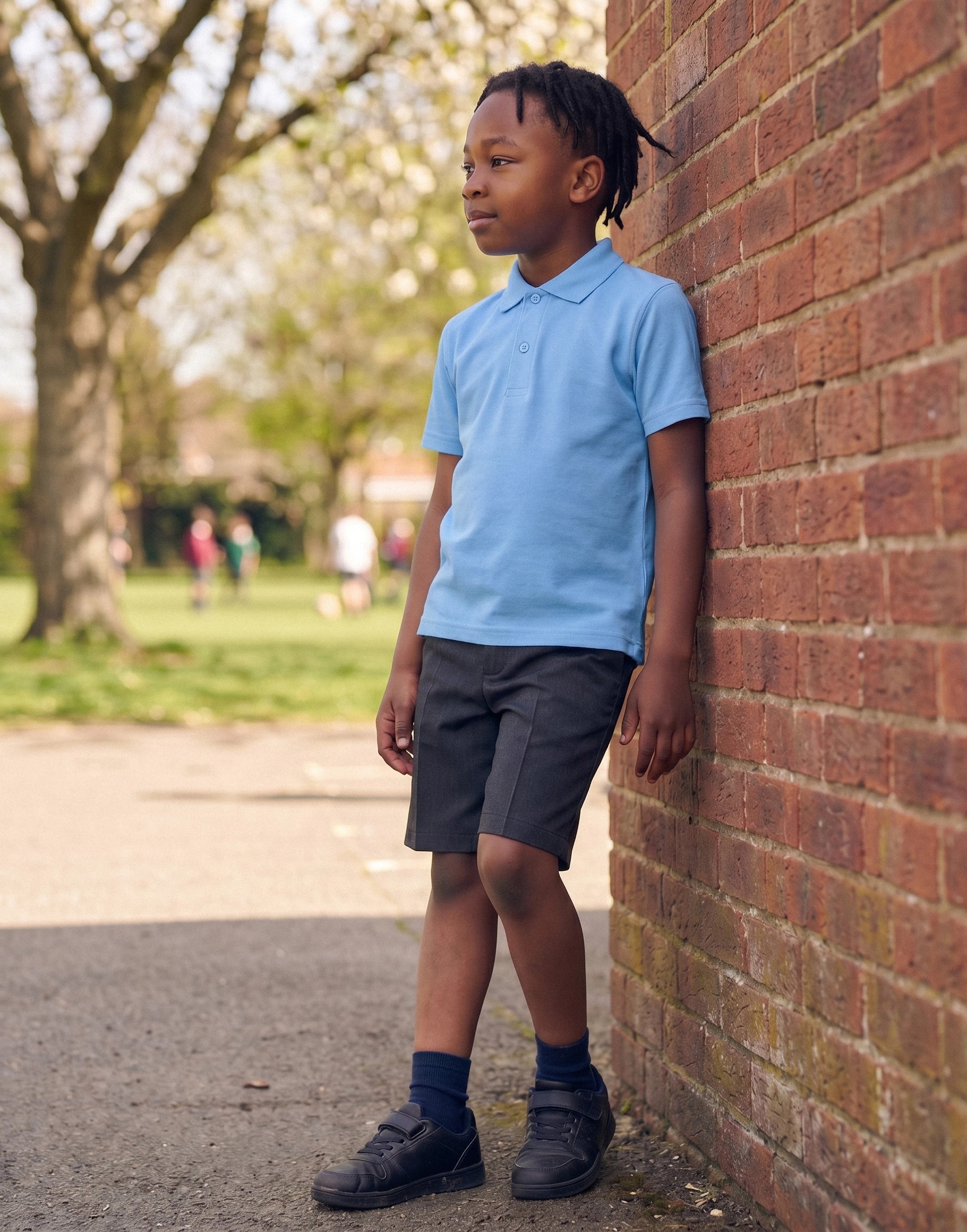 Boy wearing a sky blue short sleeve school polo shirt made from 100% organic cotton, front view