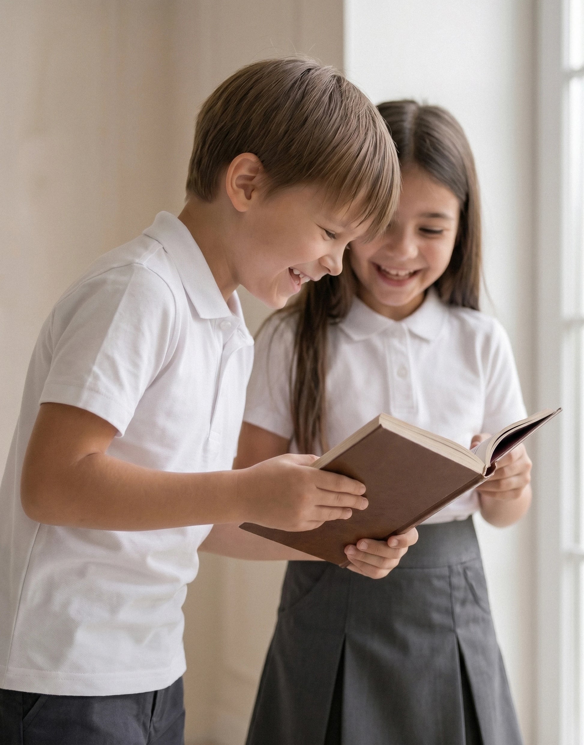 Children wearing a white short sleeve school polo shirt made from 100% organic cotton, front view