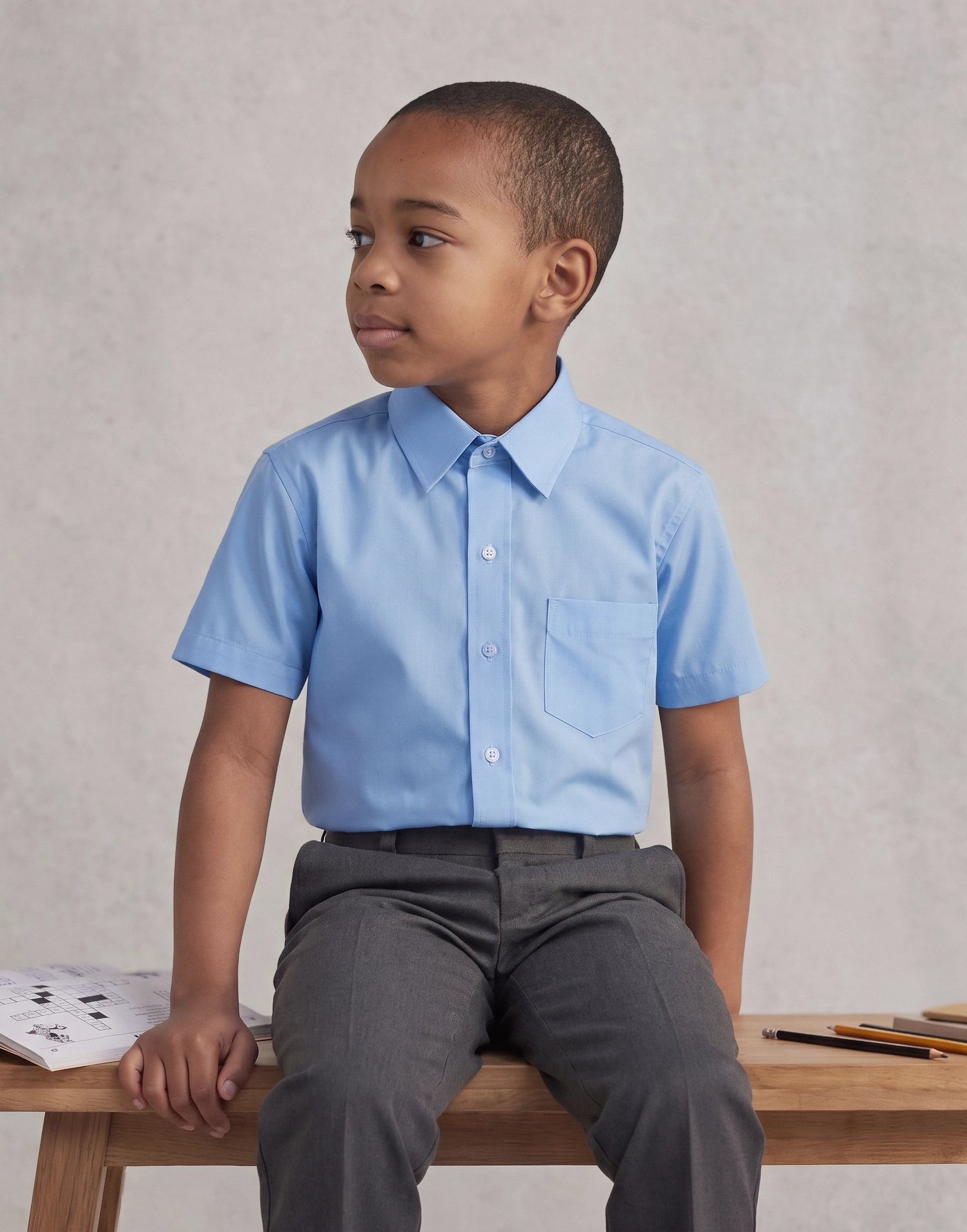 Child wearing a blue short sleeve school shirt made from 100% organic cotton, front view.