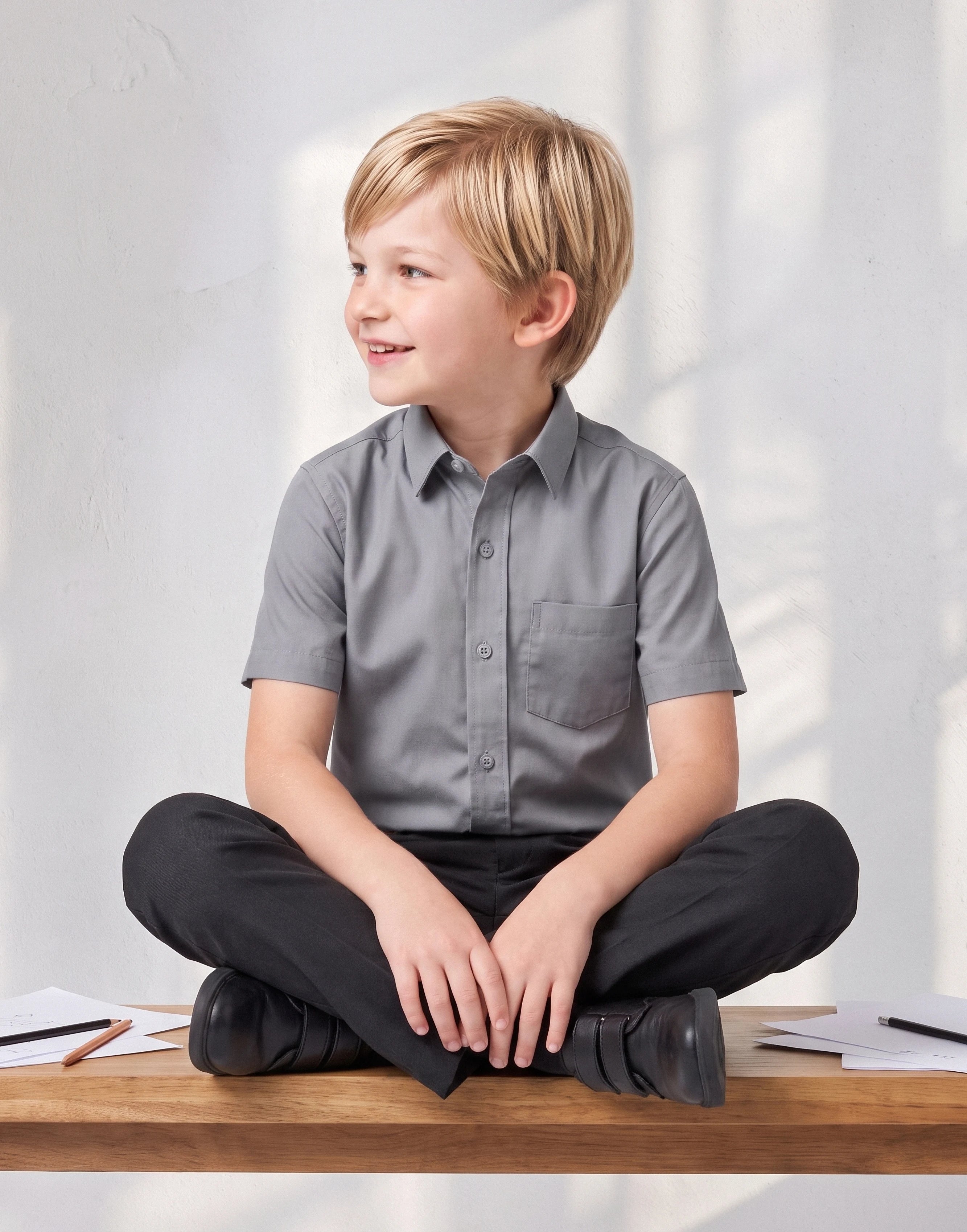 Child wearing a grey short sleeve school shirt made from 100% organic cotton, front view