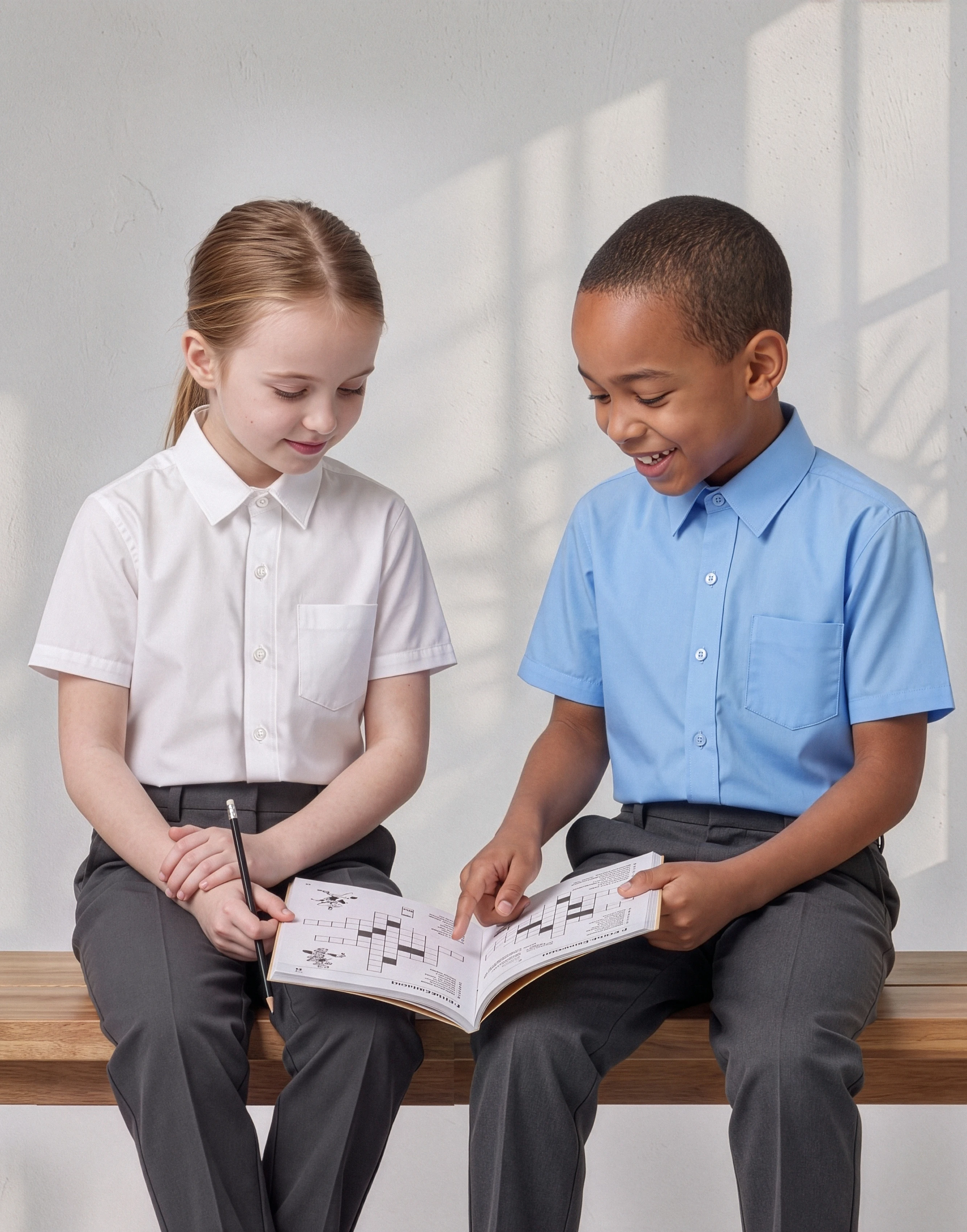 Children wearing a white and a blue short sleeve school shirt made from 100% organic cotton, front view.