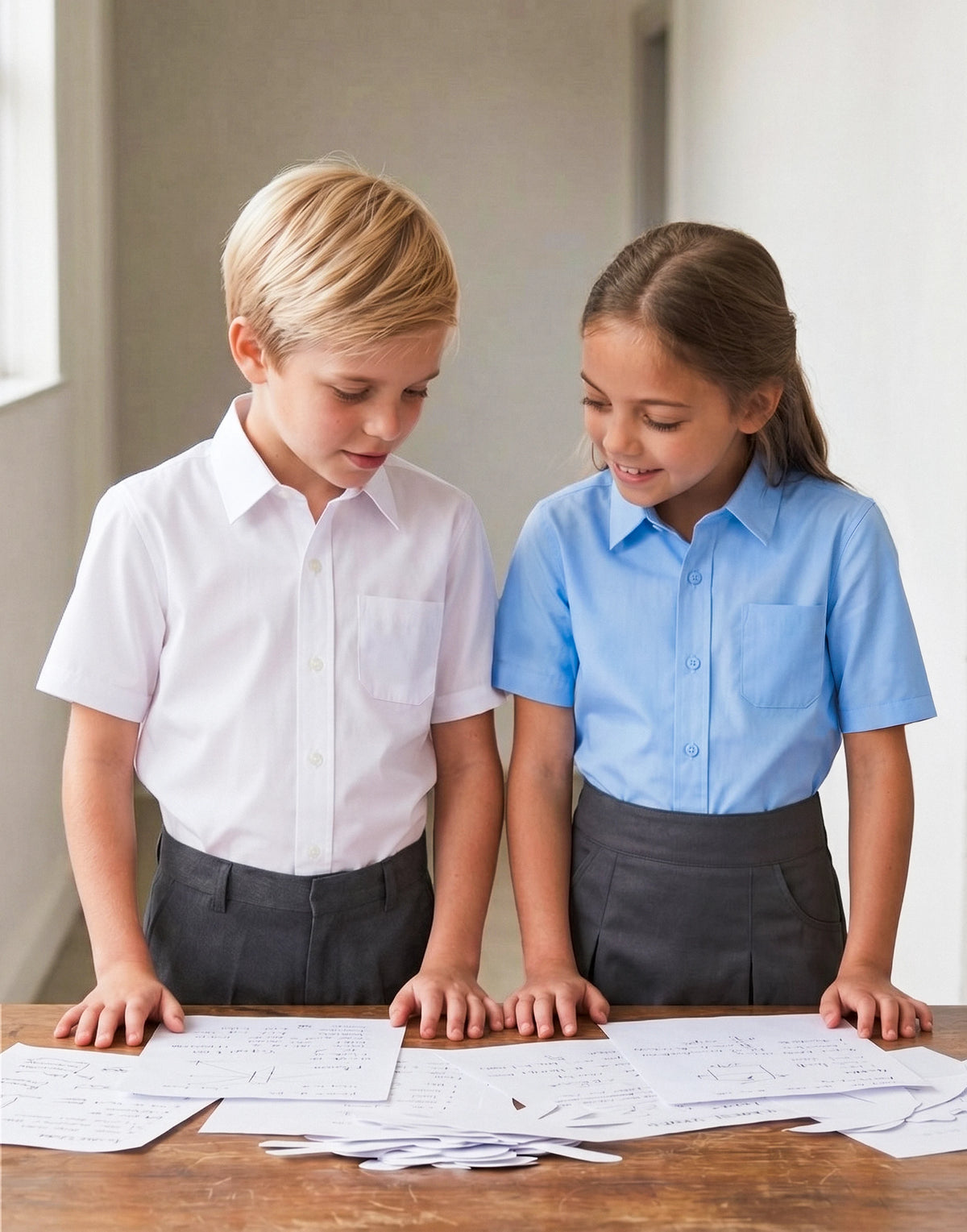 Children wearing a white and a blue slim fit short sleeve school shirt made from 100% organic cotton, front view.