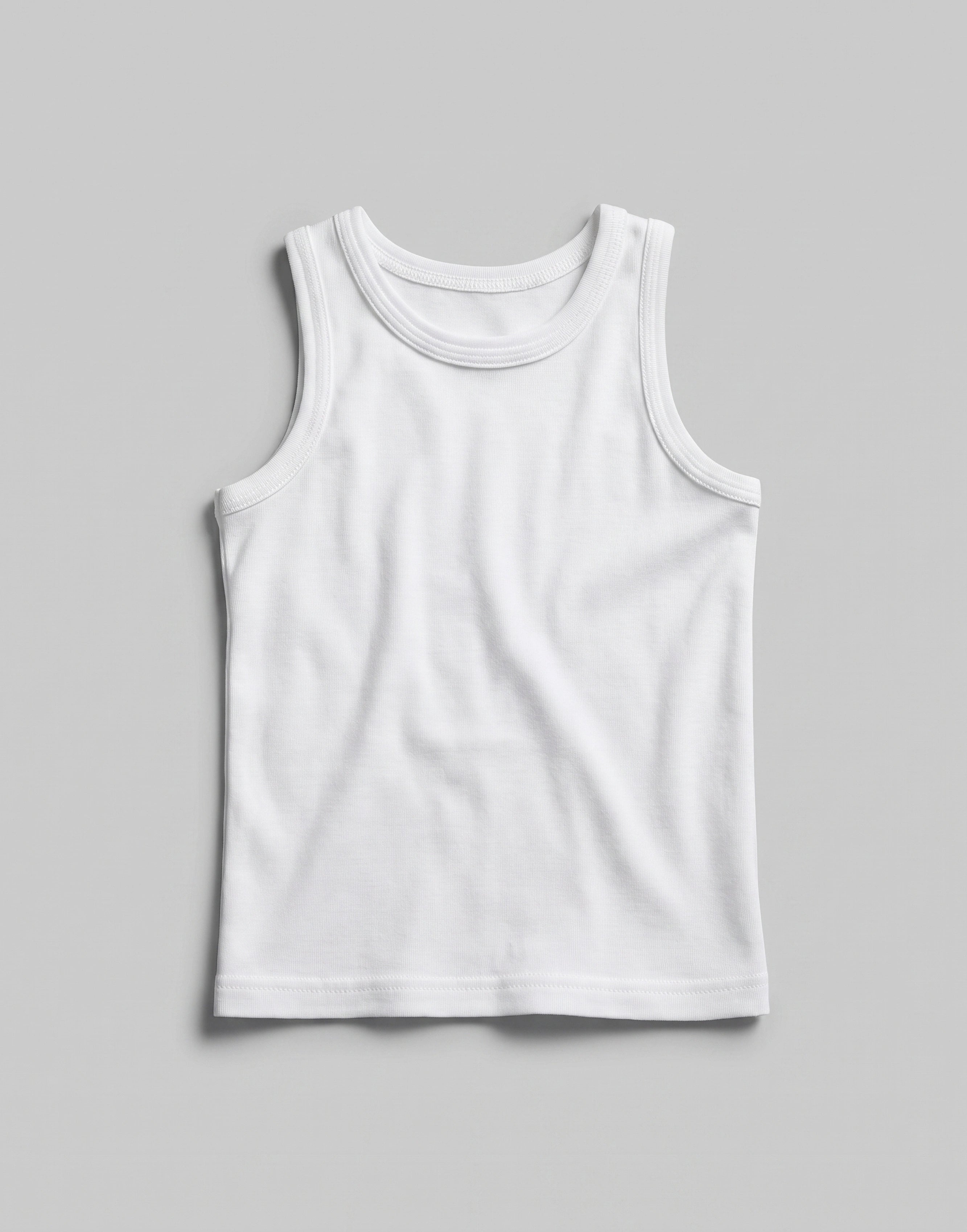 Close-up of the soft organic cotton jersey fabric and ribbed neckline on the EcoOutfitters unisex vest.
